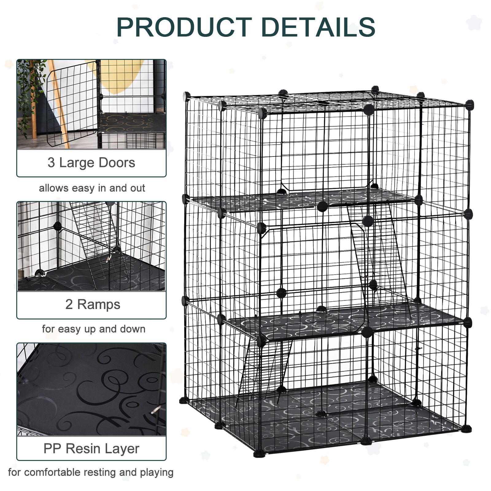 PawHut Pet Playpen DIY Small Animal Cage Enclosure Metal Wire Fence 39 Panels with 3 Doors 2 Ramps for Kitten Bunny Chinchilla Pet Mink Black - North Peak Garden Furniture