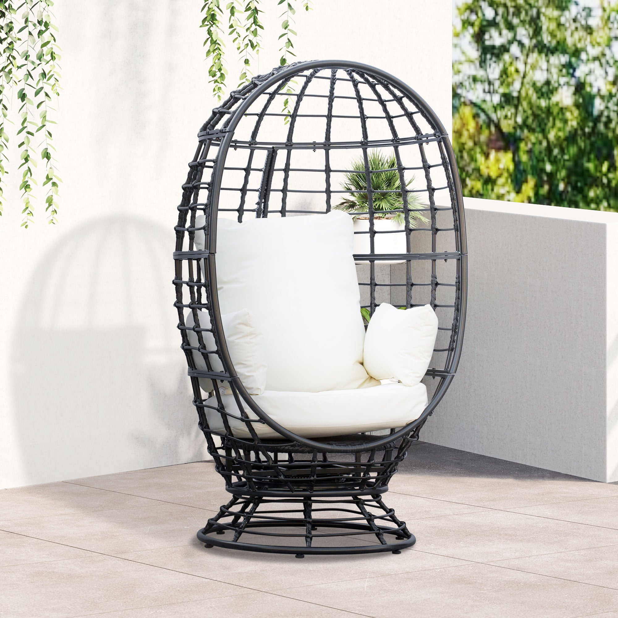 Outsunny Swivel Egg Chair, Rattan Outdoor Chair with Cushion and Pillow for Balcony, Garden, Patio, Black - North Peak Garden Furniture