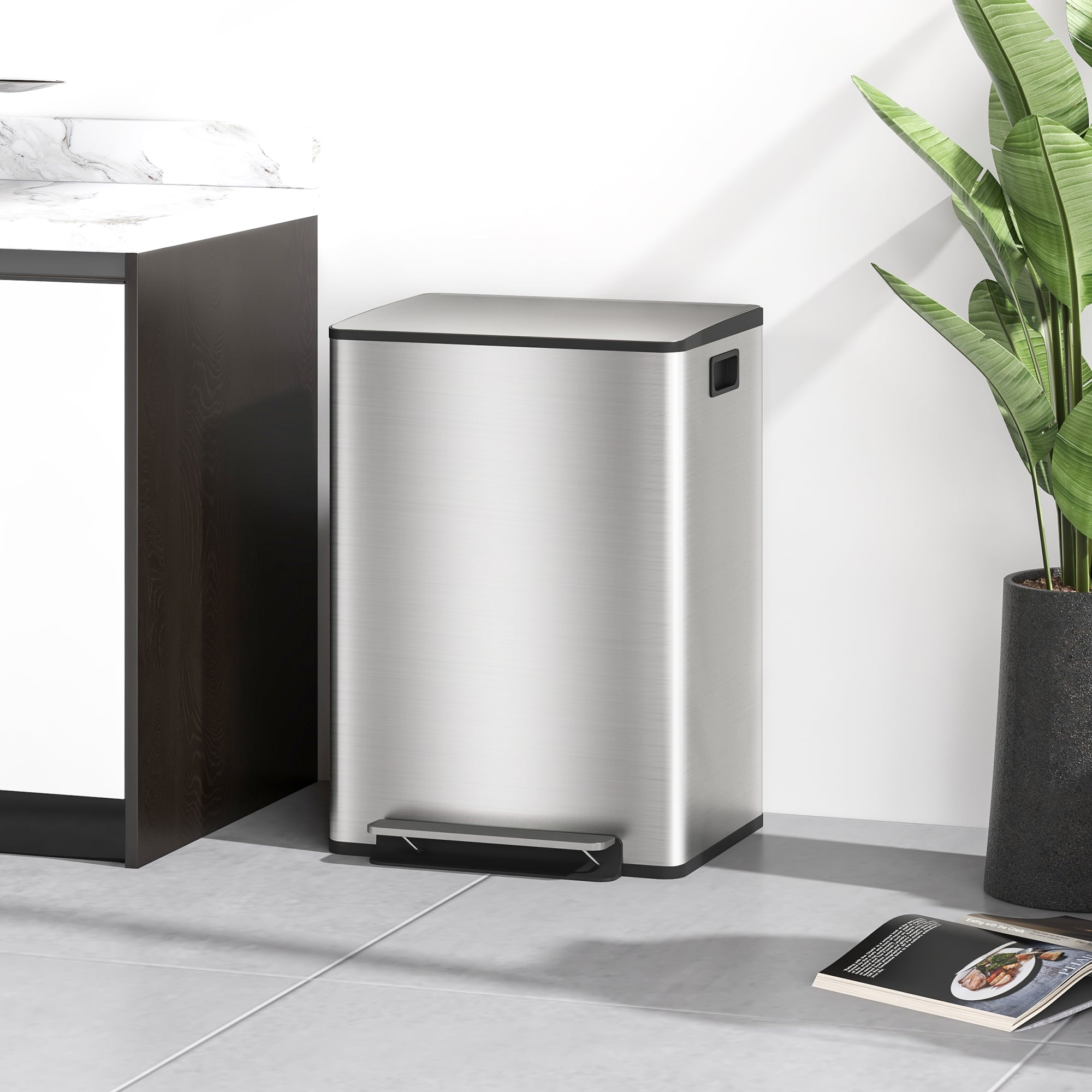 HOMCOM 60L Dual Compartment Stainless Steel Bin, with Deodoriser Holders - Silver Tone - North Peak Garden Furniture