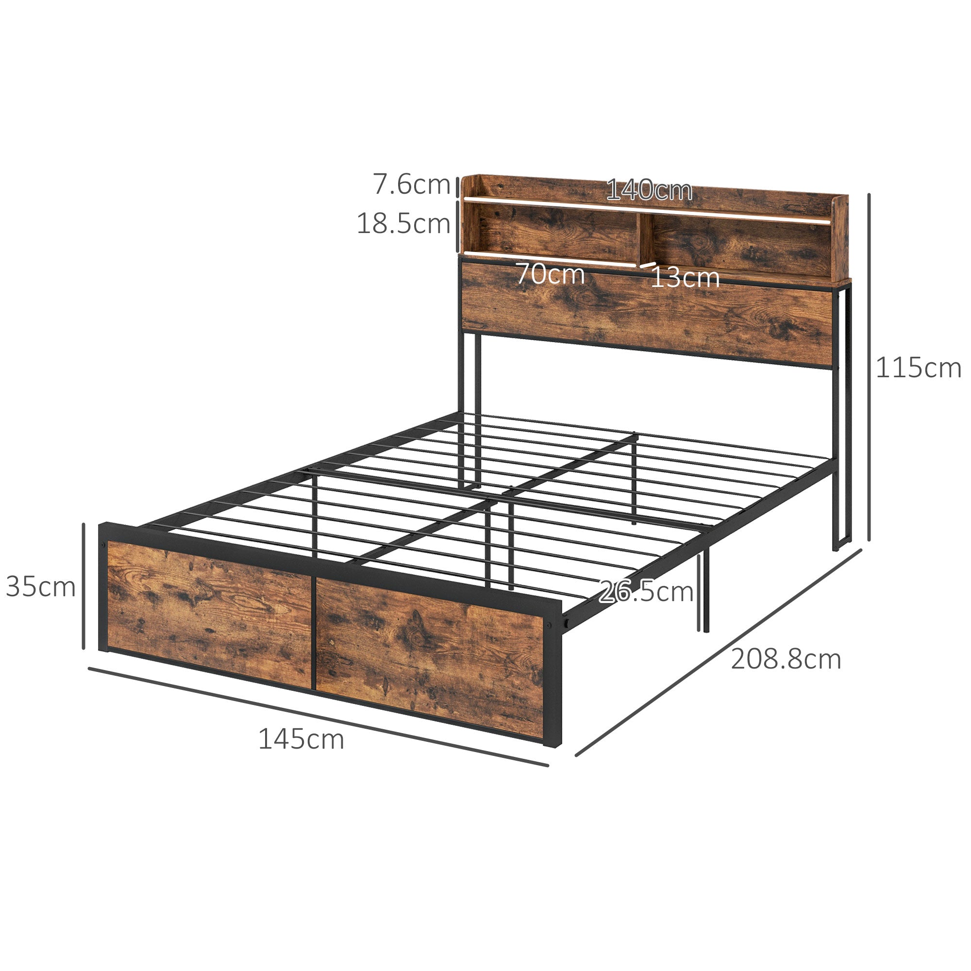 HOMCOM Industrial Double Bed Frame, 4.8FT Steel Bed Base with Storage Headboard, Footboard, Slatted Support and Under Bed Storage, 145 x 209cm, Rustic Brown - North Peak Garden Furniture