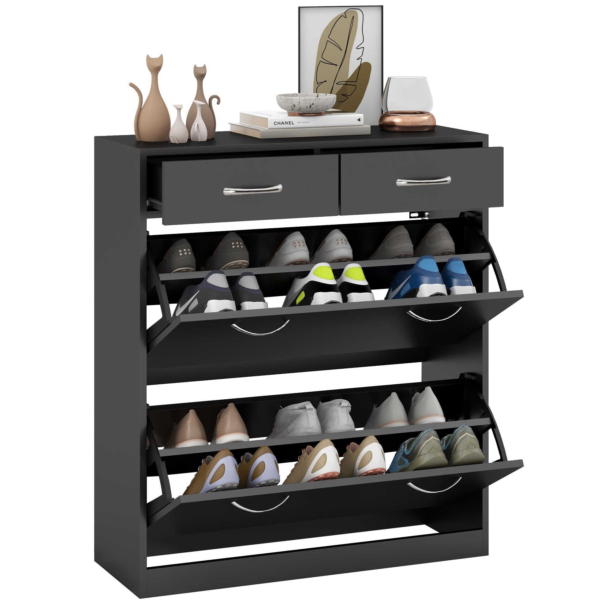 HOMCOM Narrow Shoe Storage with 2 Flip Drawers and Adjustable Shelves Shoe Cabinet Organizer for 12 Pairs of Shoes, Black - North Peak Garden Furniture