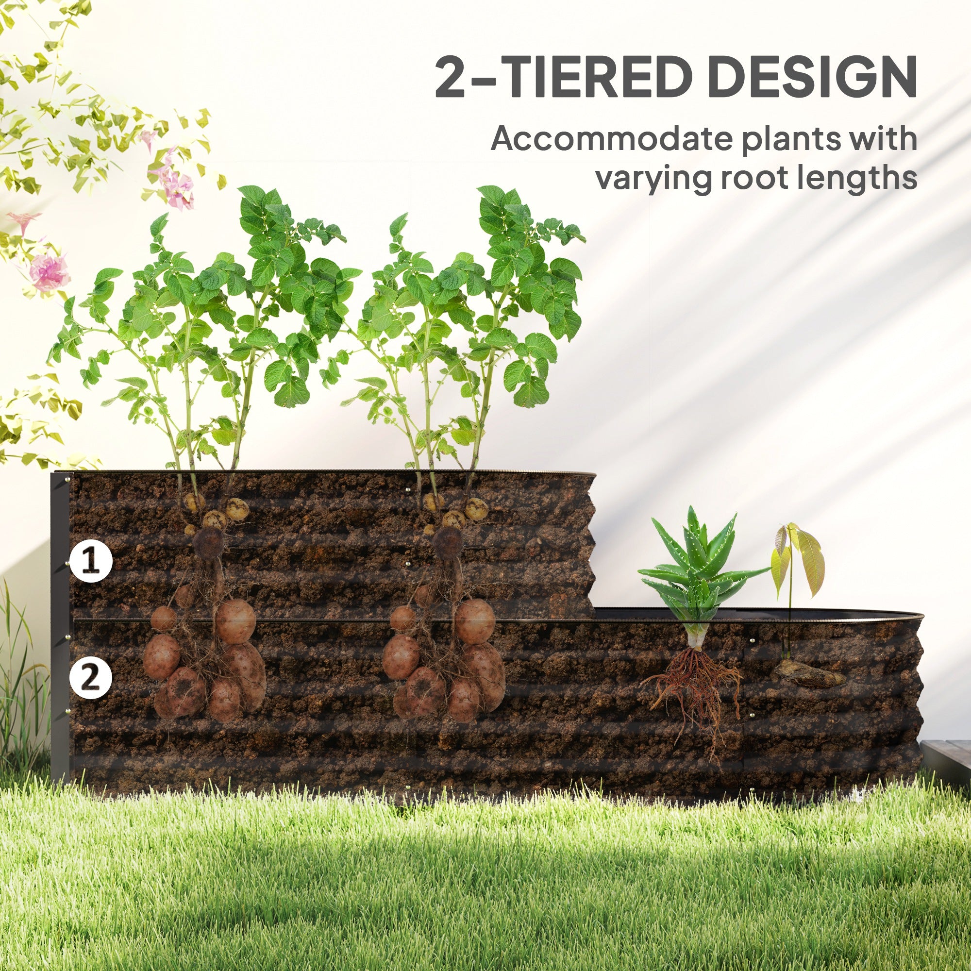 Outsunny Two-Tier Galvanised Steel Garden Planter - Dark Grey - North Peak Garden Furniture