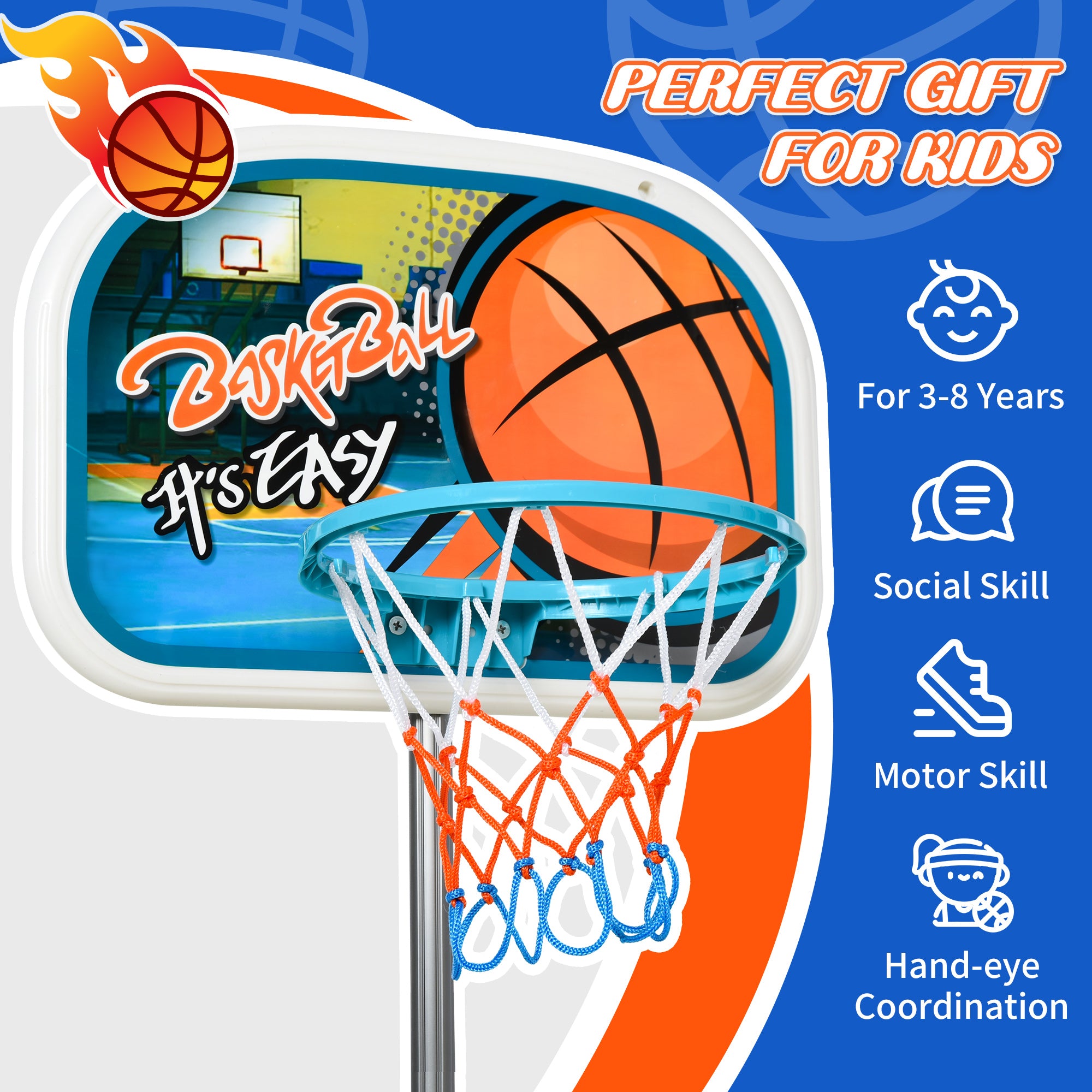HOMCOM Kids Basketball Hoop and Stand Portable Basketball Stand Set w/ Ball Pump Netting Backboard Adjustable Height from 126 cm to 158 cm - North Peak Garden Furniture