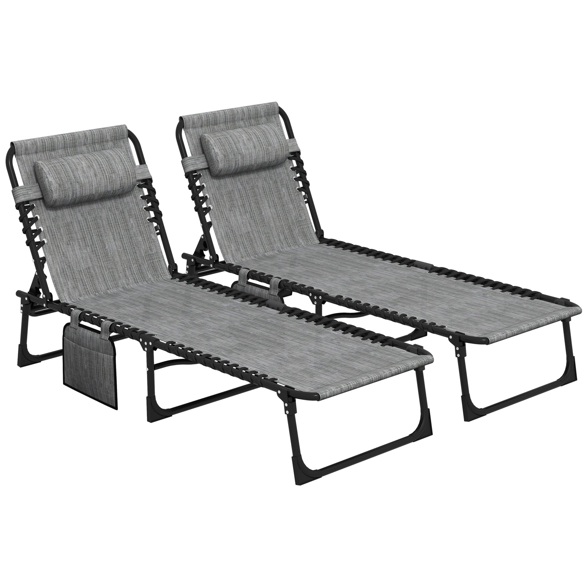 Outsunny Portable Sun Lounger Set of 2, Folding Camping Bed Cot, Reclining Lounge Chair 5-position Adjustable Backrest with Side Pocket, Pillow for Patio Garden Beach Pool, Mixed Grey - North Peak Garden Furniture