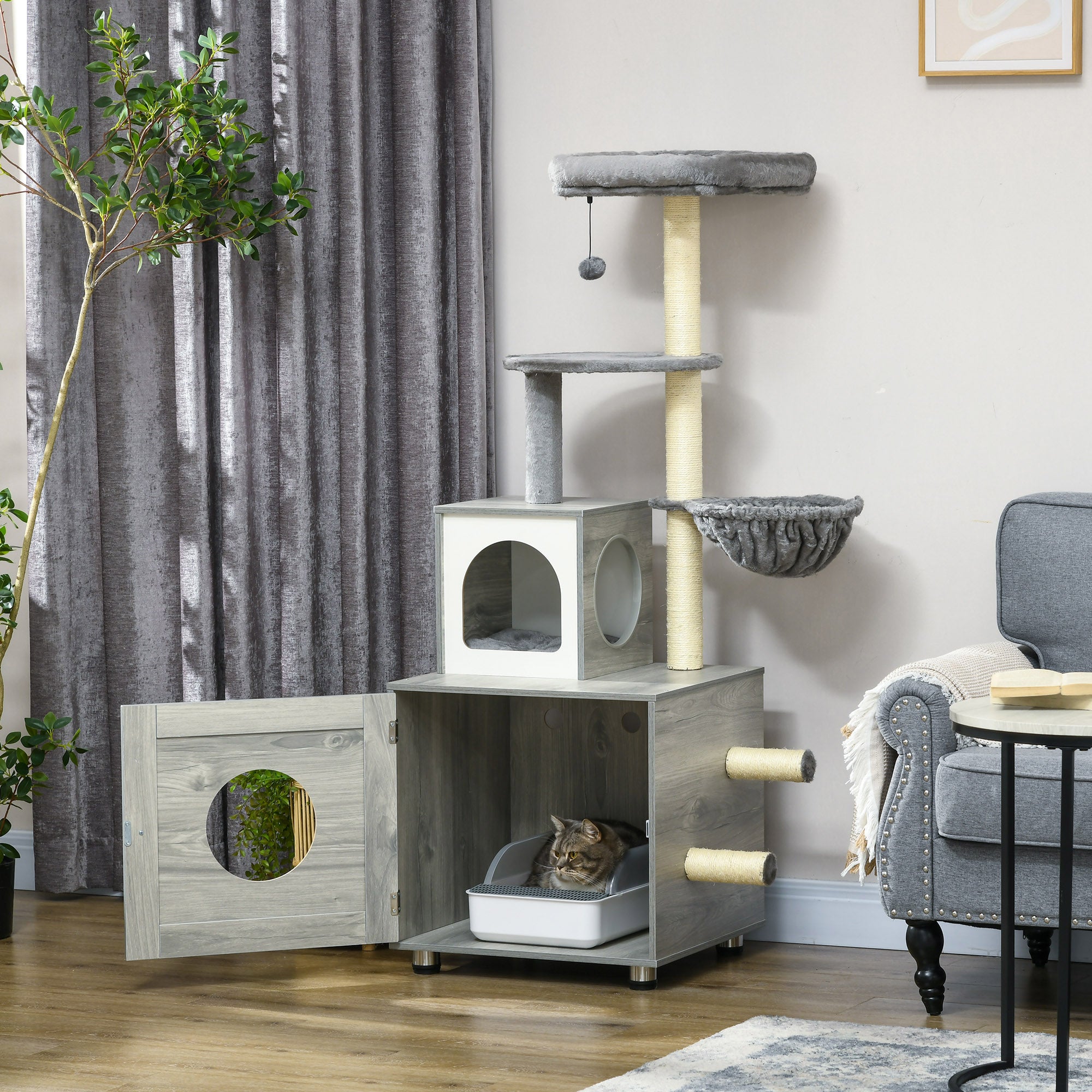 PawHut Enclosed Cat Litter Box with Cat House, Cat Bed, Scratching Posts, Platforms, for Indoor Cats - Grey - North Peak Garden Furniture