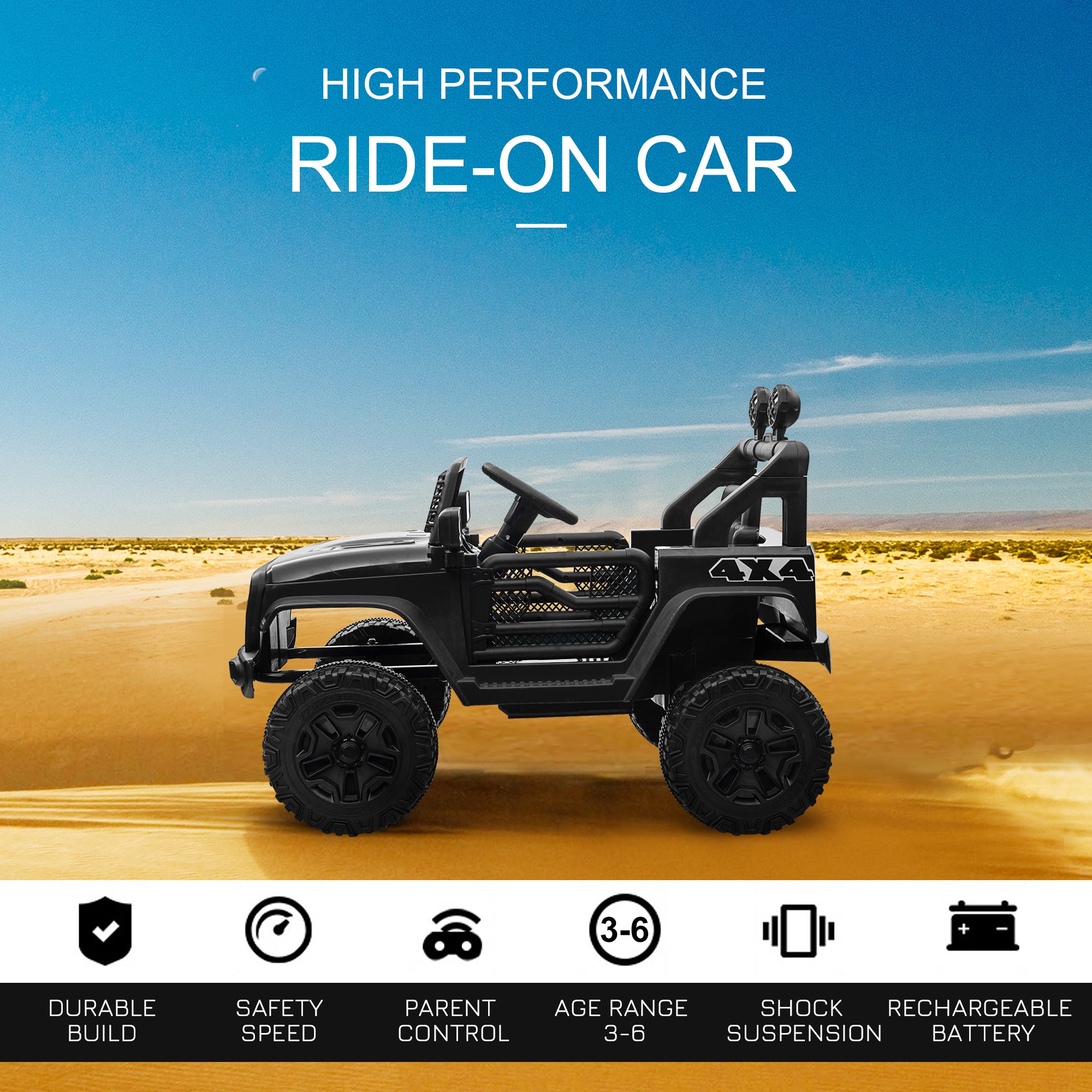 HOMCOM Kids Electric Ride On Car 12V Off Road Toy with Parental Remote Control 2 Motors Horn Lights Suspension Wheels for 3-6 Years Old Black - North Peak Garden Furniture