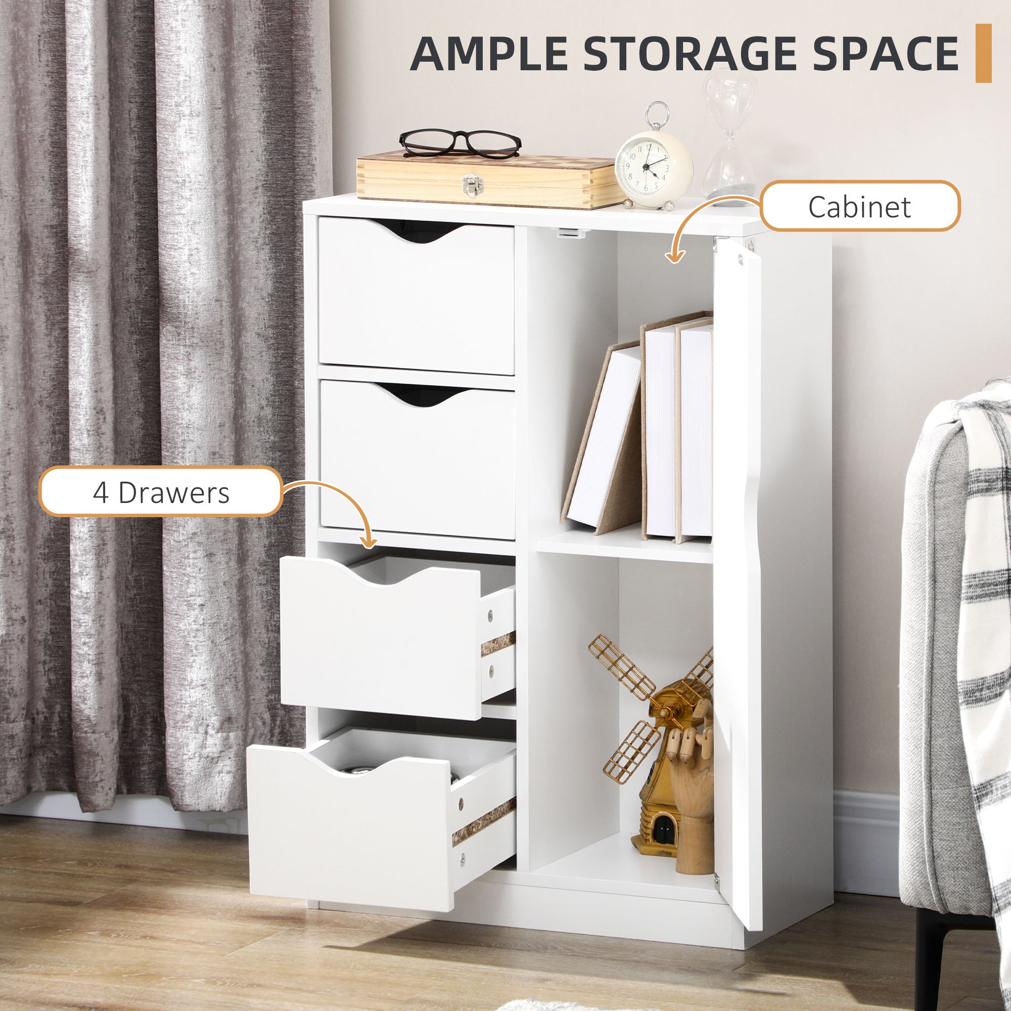 HOMCOM Bathroom Cabinet, Freestanding Storage Cabinet with 4 Drawers, Door Cupboard for Living Room, Kitchen, Bedroom, White - North Peak Garden Furniture