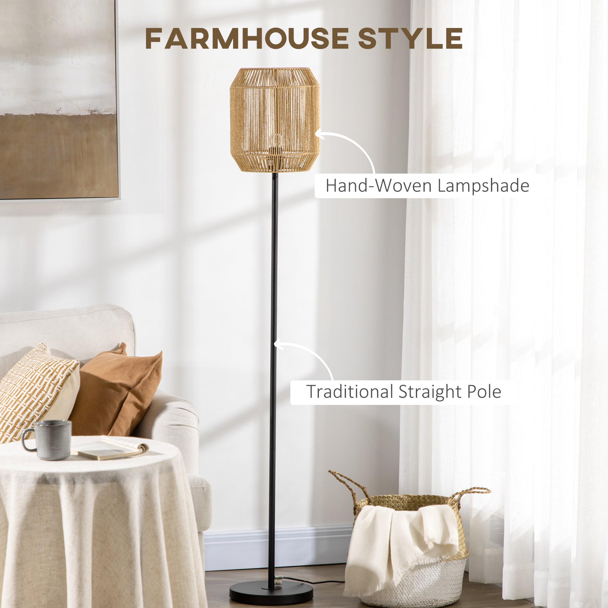 HOMCOM Farmhouse Standing Lamp, Floor Lamps with Hand Woven Rattan Lampshade for Living Room - North Peak Garden Furniture