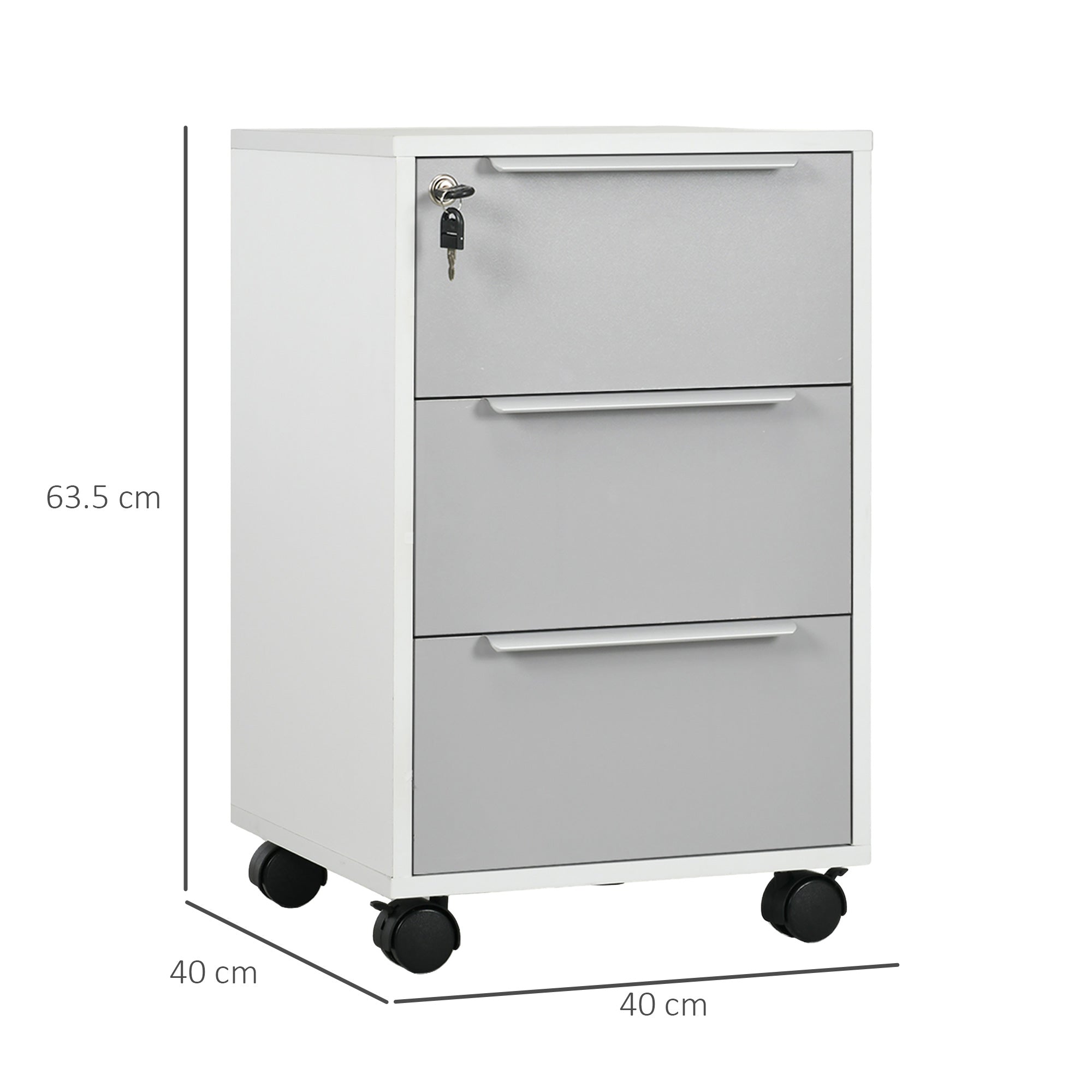 HOMCOM 3-Drawer Locking File Cabinet Mobile Chest of Drawers Side Table on Wheels for Home Office, Bedroom and Living room - North Peak Garden Furniture