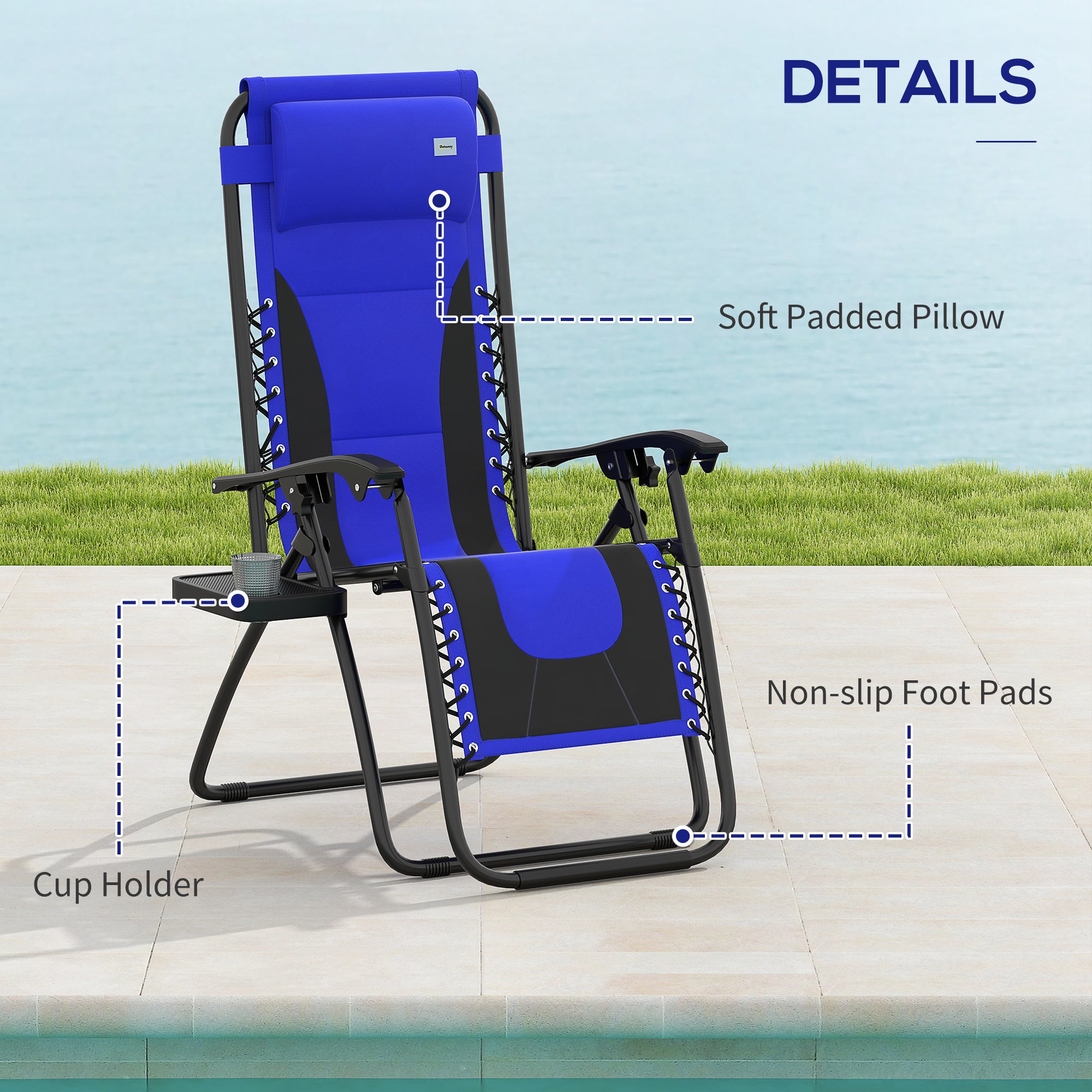 Outsunny Zero Gravity Lounger Chair, Folding Reclining Patio Chair with Padded Seat, Cup Holder, Soft Cushion and Headrest for Poolside, Camping, Blue - North Peak Garden Furniture