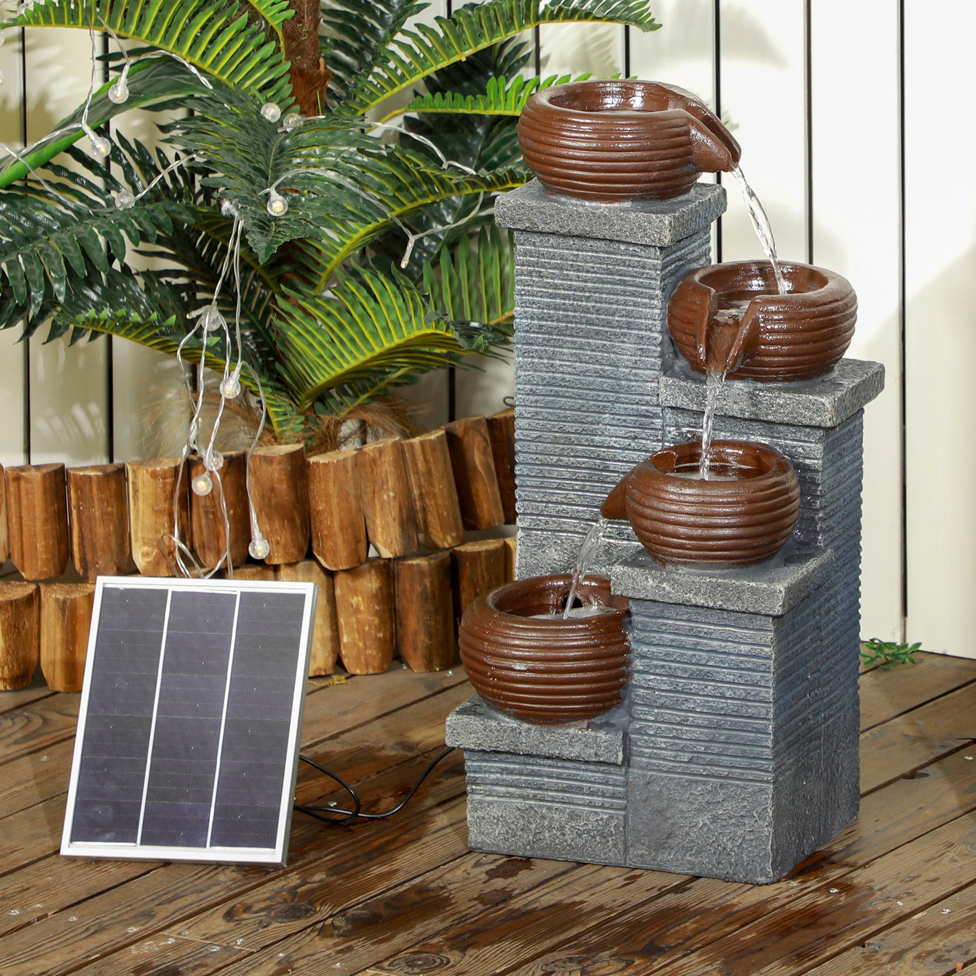 Outsunny Solar Powered Garden Water Feature with LED Lights and Pump, 4 Tier Cascading Water Fountain for Indoor/Outdoor, Bowls Waterfall Ornament, 58cm Height - North Peak Garden Furniture