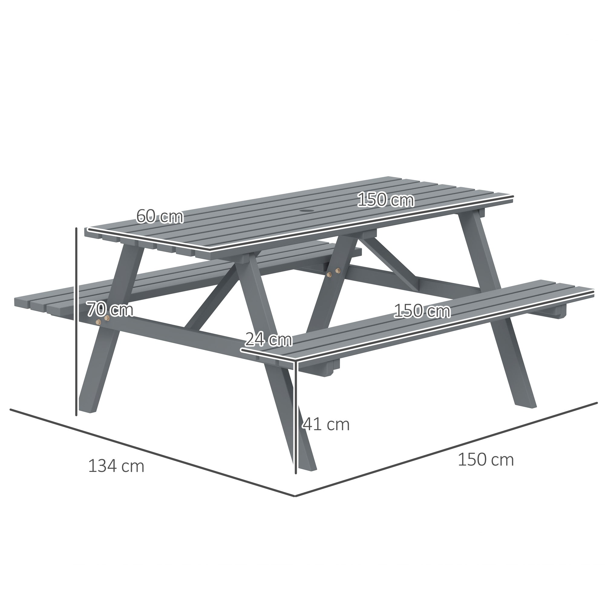 Outsunny 6 Seater Wooden Picnic Table Bench for Outdoor Garden or Patio with Parasol Cutout 150 cm Grey
