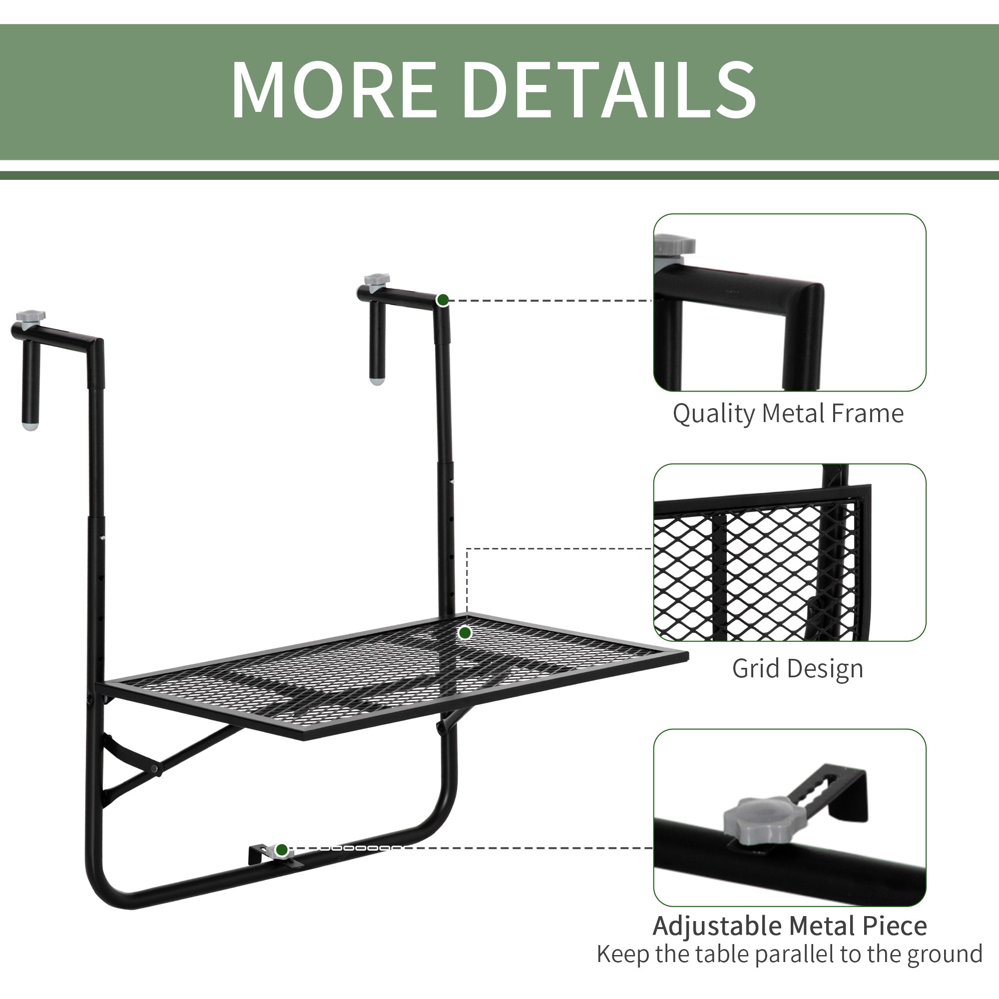 Outsunny Balcony Hanging Table, Metal Wall Mount Desk, Adjustable Folding Balcony Deck Table for Patio and Garden, Black - North Peak Garden Furniture