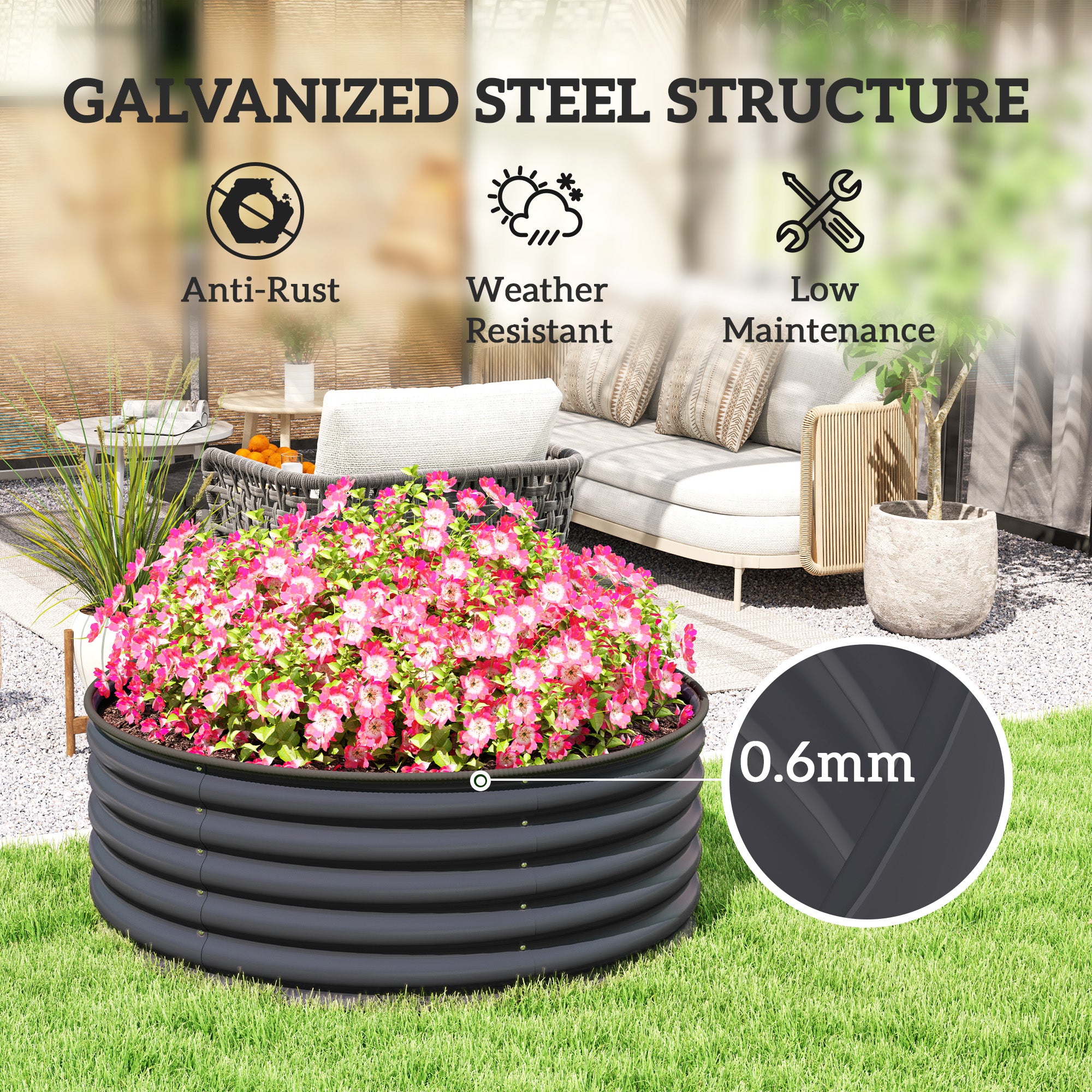 Outsunny Galvanised Raised Garden Bed with Safety Edging, Outdoor Raised Planter Box with Gloves, 120 x 120 x 43cm, Dark Grey - North Peak Garden Furniture