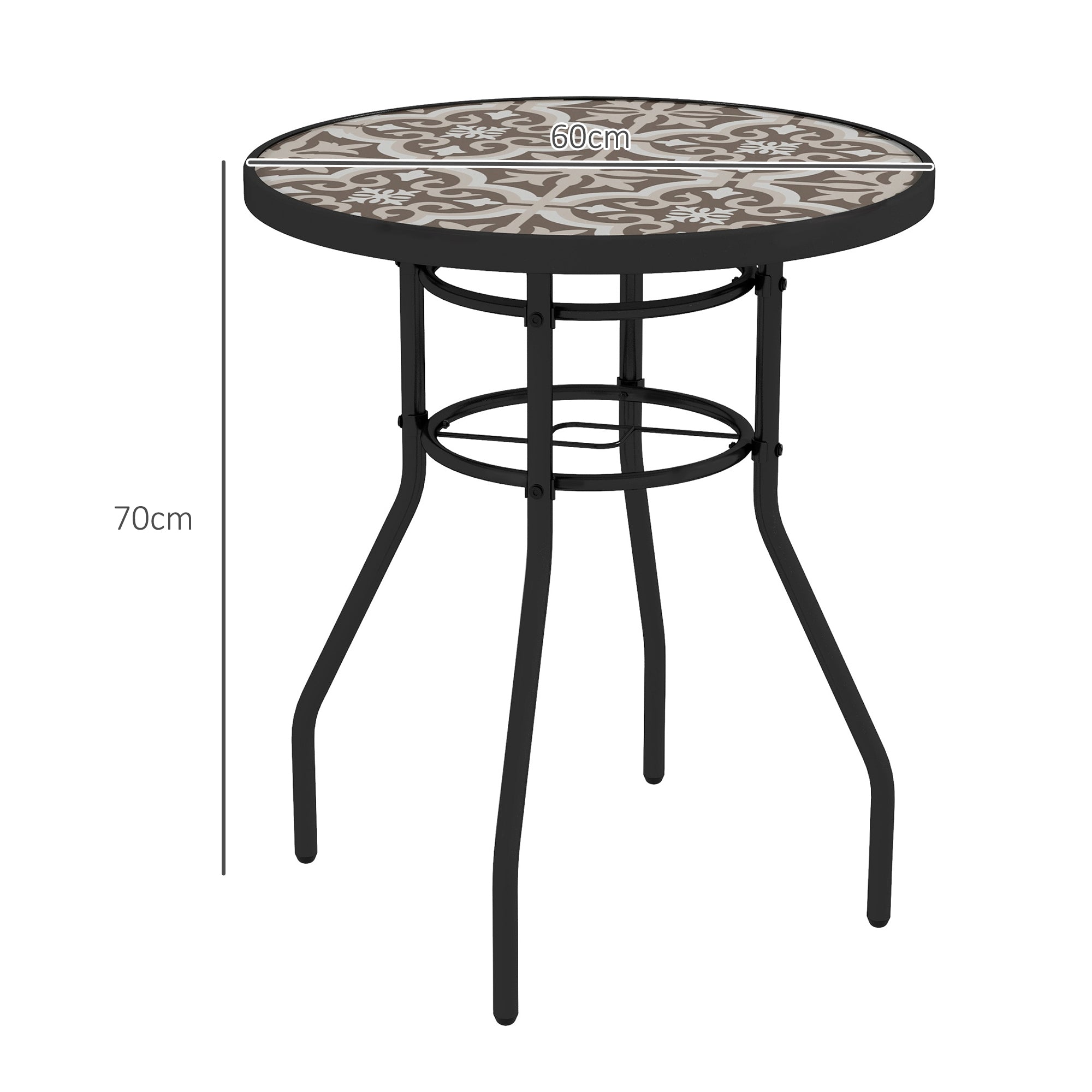 Outsunny Φ60 Garden Table, with Glass Printed Tabletop - Brown - North Peak Garden Furniture
