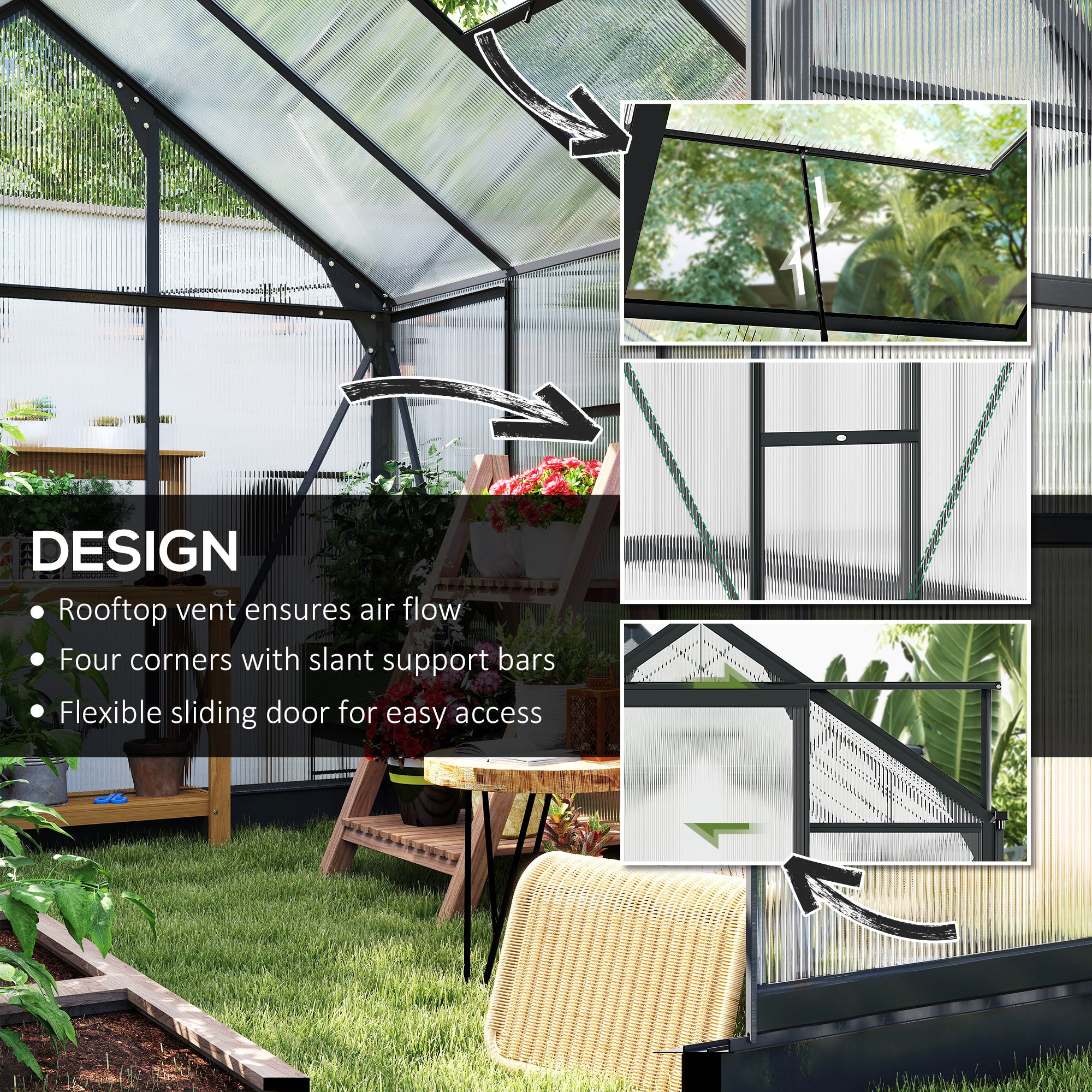 Outsunny 6 x 8ft Polycarbonate Greenhouse, Large Walk-In Green House with Slide Door and Window, Garden Plants Grow House with Aluminium Frame and Foundation, Grey