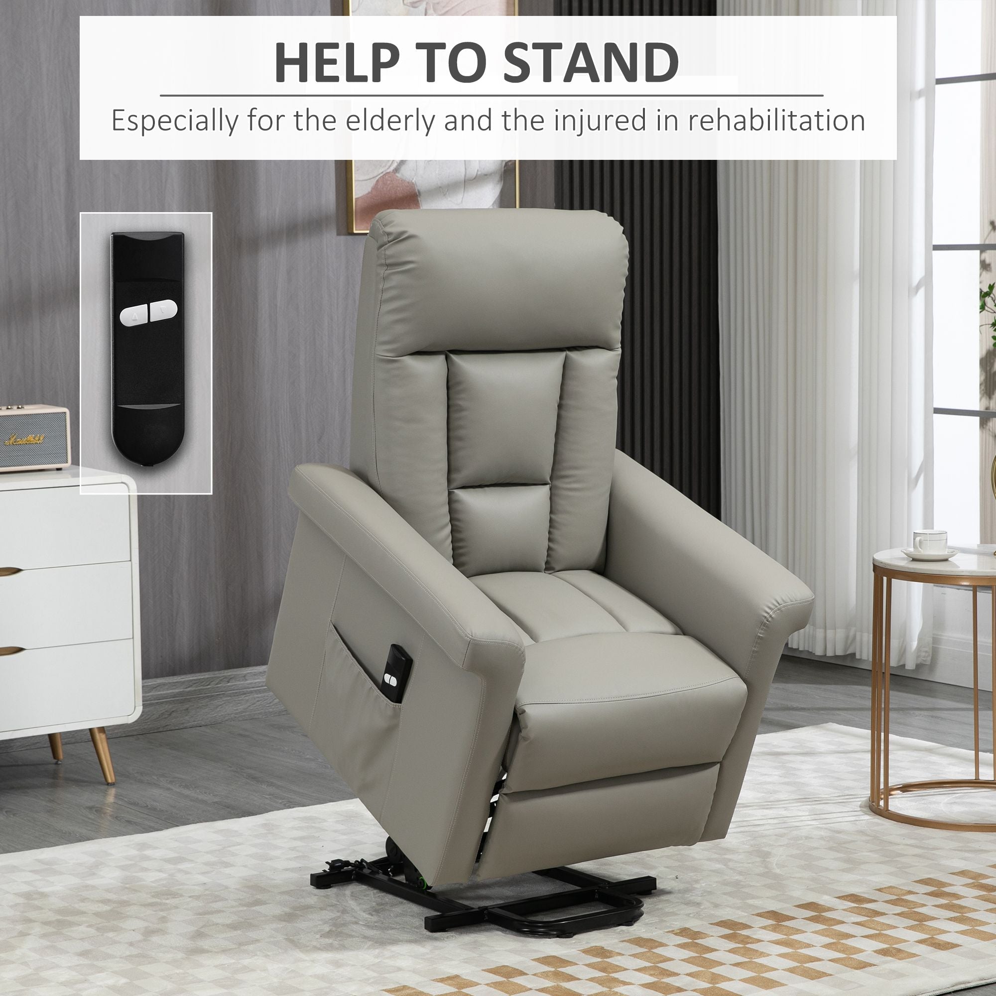 HOMCOM Power Lift Chair, PU Leather Recliner Sofa Chair for Elderly with Remote Control, Side Pocket, Grey - North Peak Garden Furniture