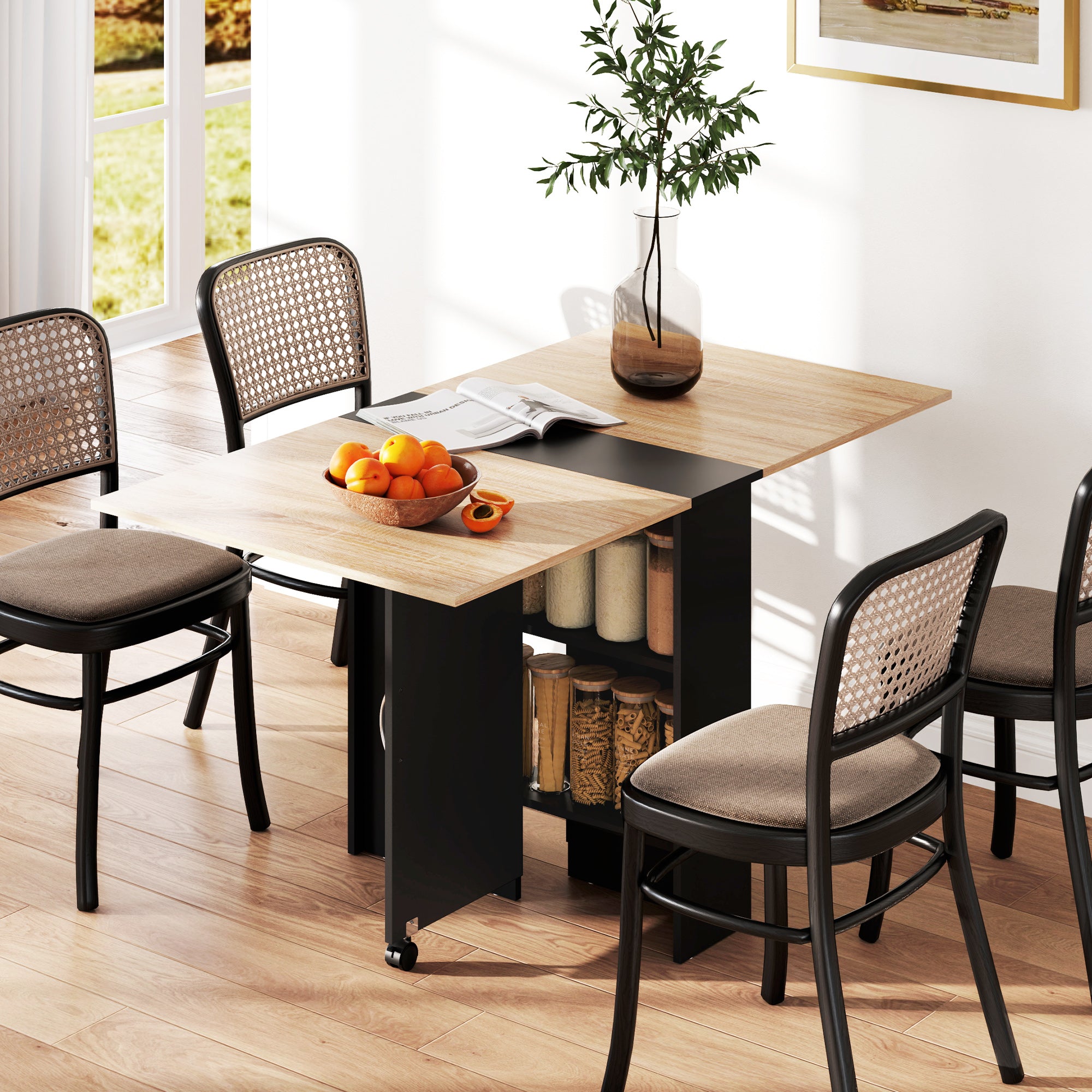 HOMCOM Folding Dining Table, Drop Leaf Table for Small Spaces with 2-tier Shelves, Small Kitchen Table with Rolling Casters, Oak and Black - North Peak Garden Furniture