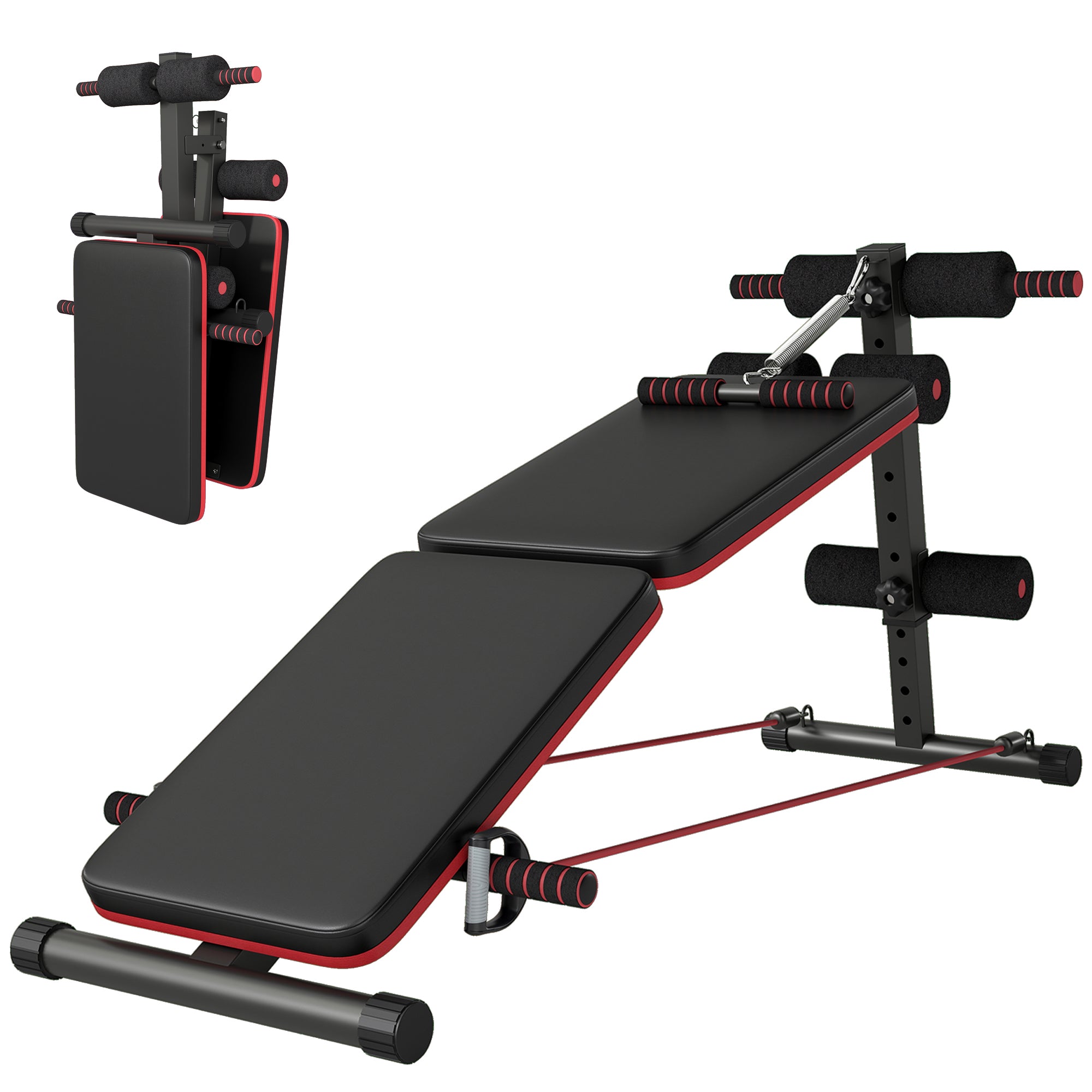 HOMCOM Sit Up Bench Core Workout Adjustable Thigh Support Foldable for Home Gym w/ Arm Pulling Rope Black
