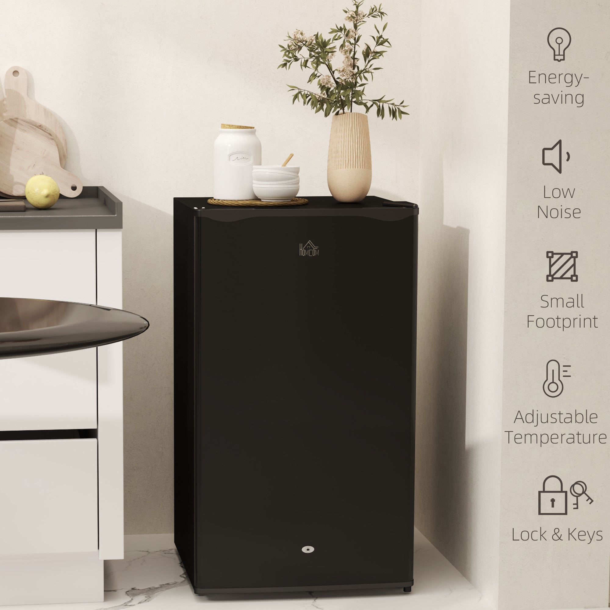 HOMCOM 91L Freestanding Under-Counter Fridge with Lock - Black - North Peak Garden Furniture