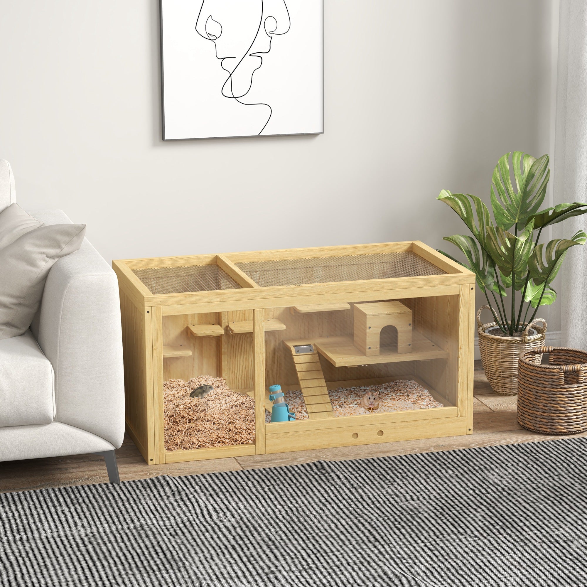 PawHut Wooden Hamster Cage with Water Bottle, Platforms, Openable Roof, Sliding Tray, Hut, Seesaws, Natural Wood Finish - North Peak Garden Furniture