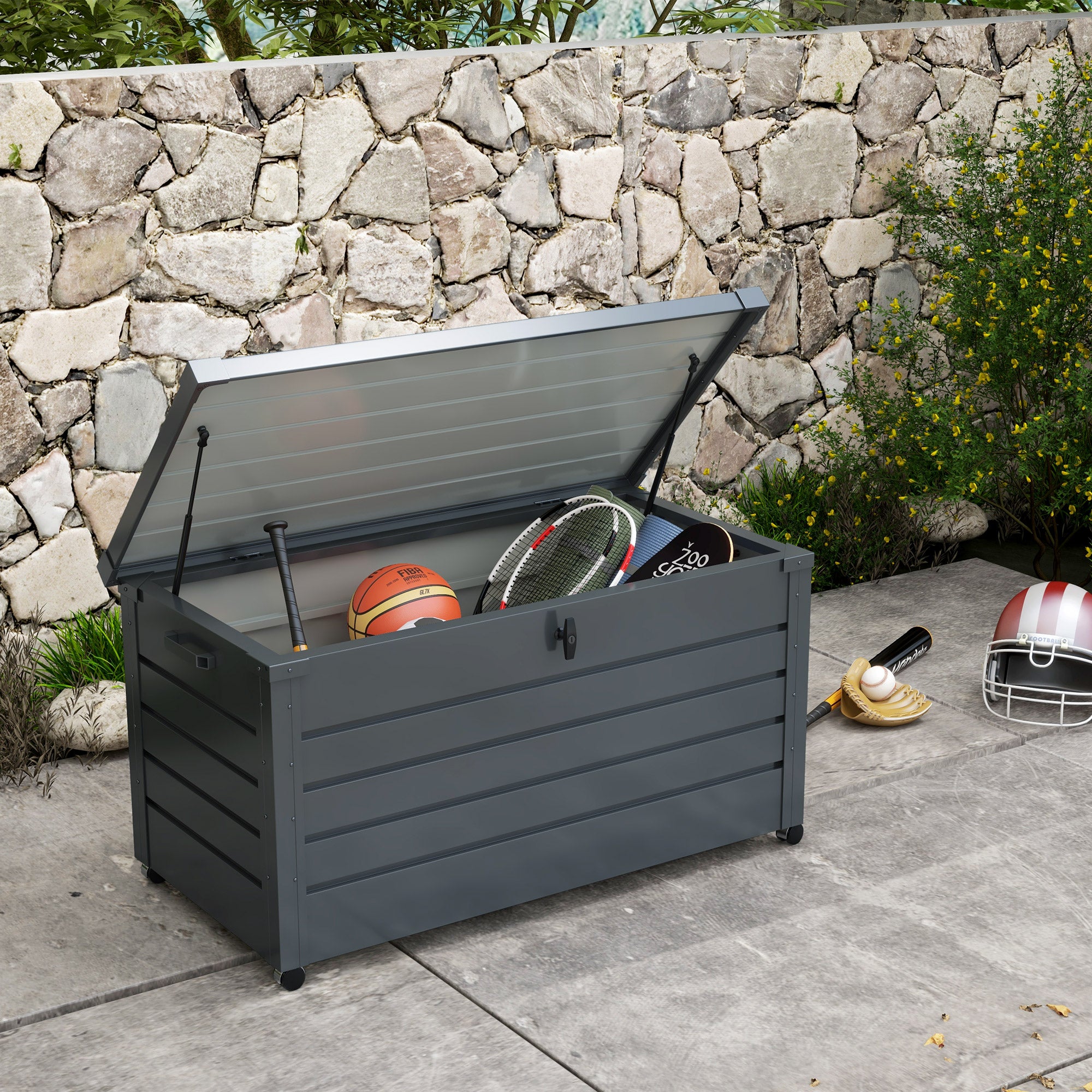 Outsunny 311L Galvanised Steel Garden Storage Box, with Lock - Dark Grey - North Peak Garden Furniture