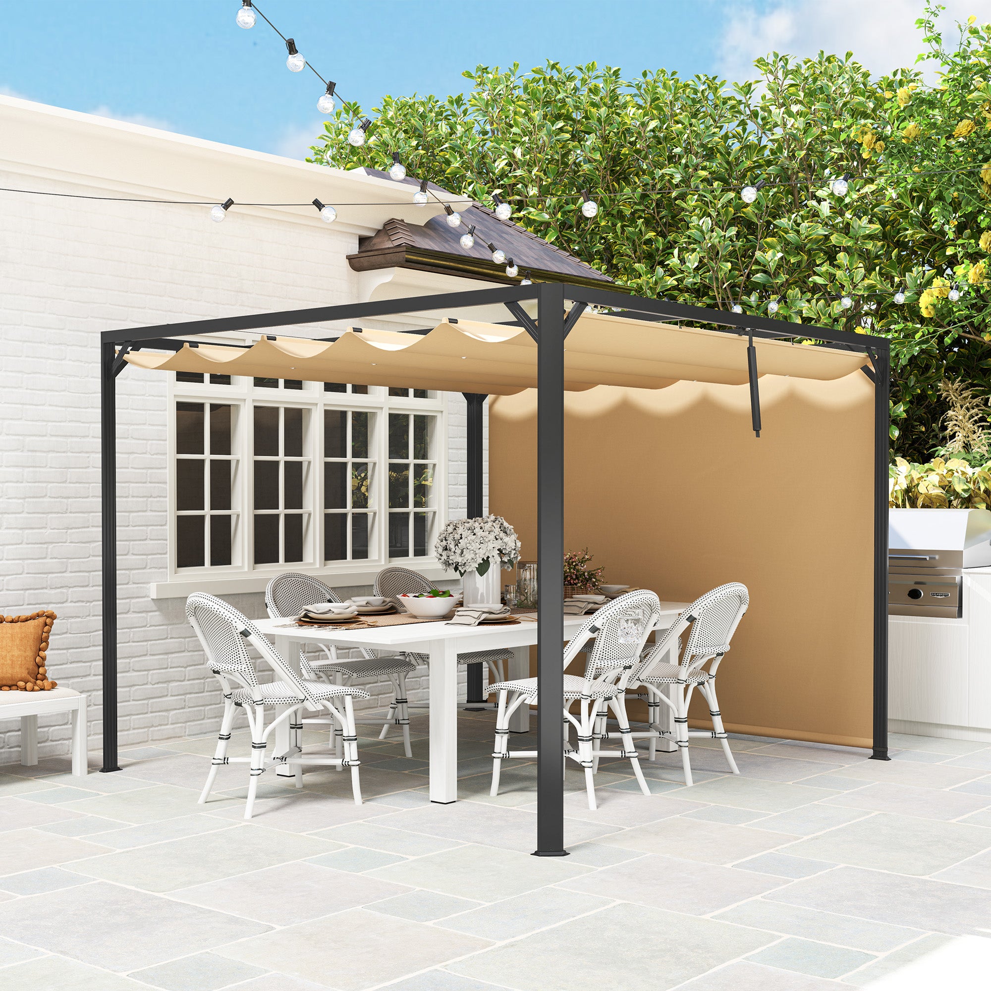 Outsunny 3 x 3m Aluminium Pergola, with Retractable Roof and Wall - Khaki - North Peak Garden Furniture