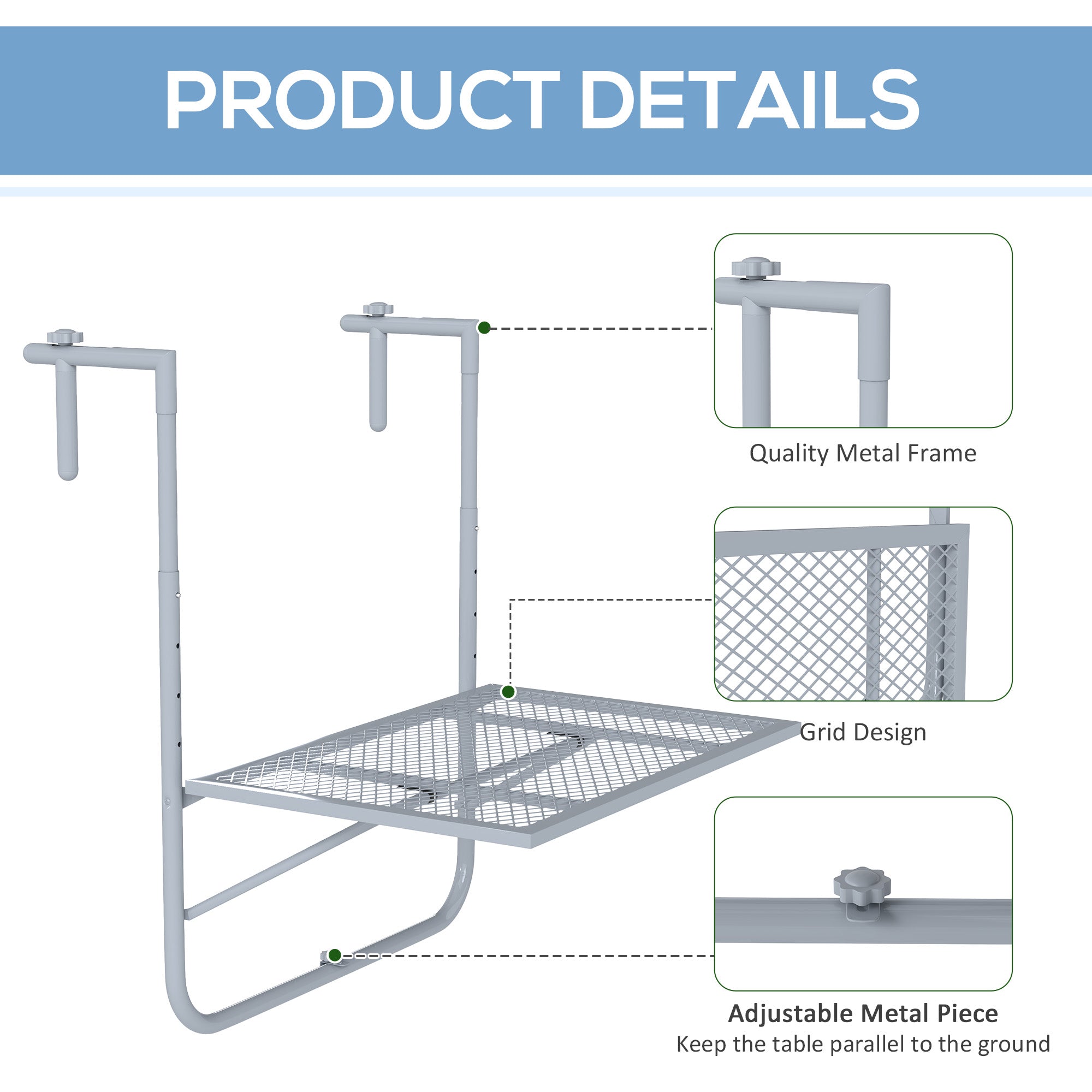 Outsunny Balcony Hanging Table, Metal Wall Mount Desk, Adjustable Folding Balcony Deck Table for Patio and Garden, Grey - North Peak Garden Furniture