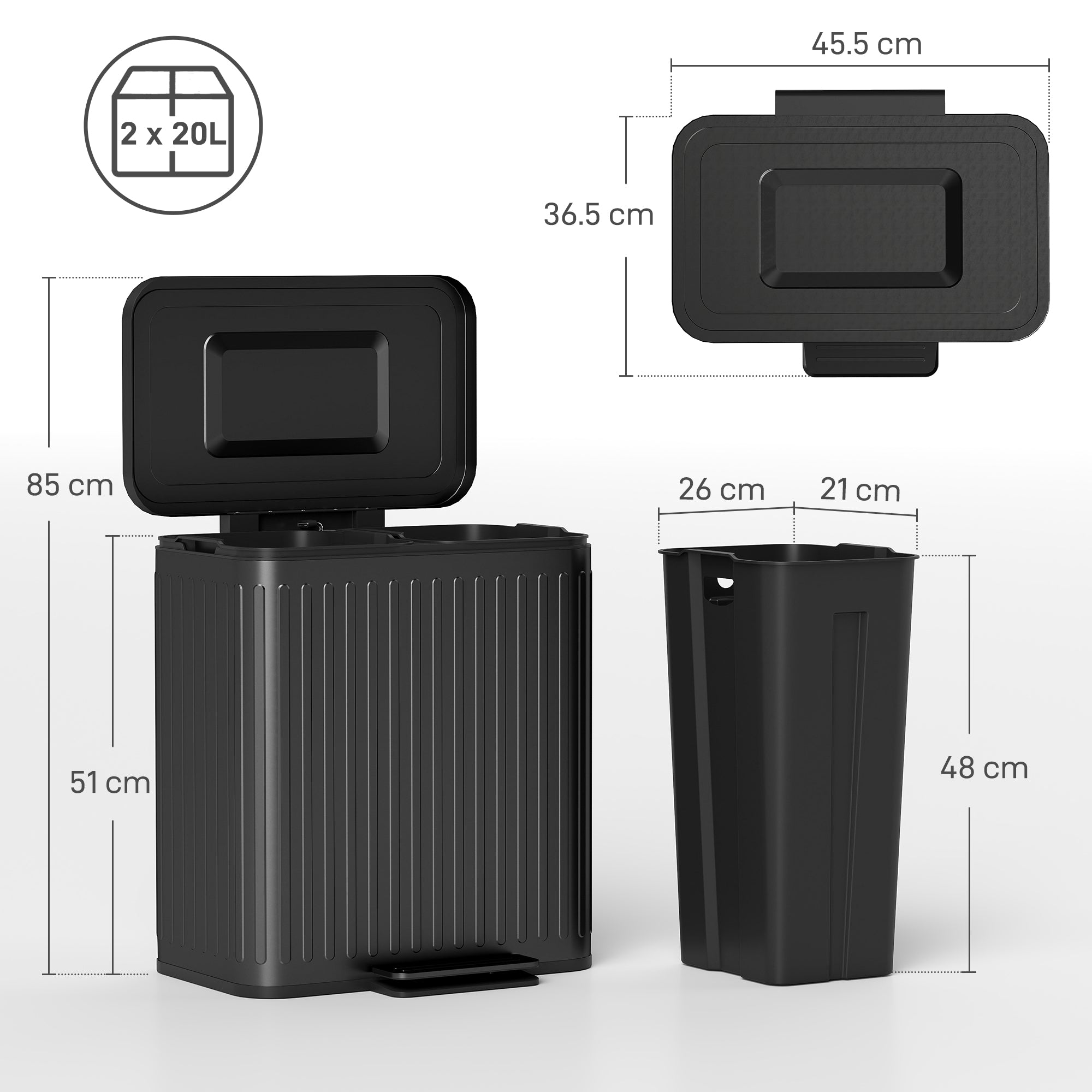 HOMCOM 40L Dual Compartment Rubbish Bin, with Soft-Close Lid - Black - North Peak Garden Furniture