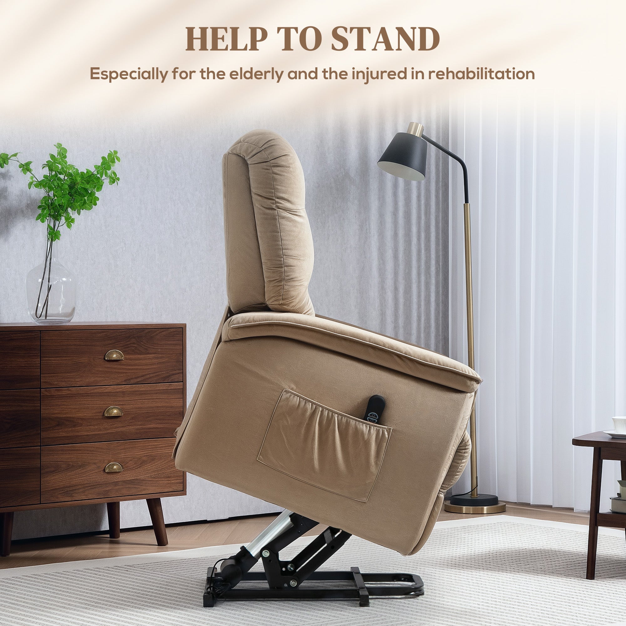 HOMCOM Velvet-Feel Electric Lift Recliner Chair - Brown - North Peak Garden Furniture