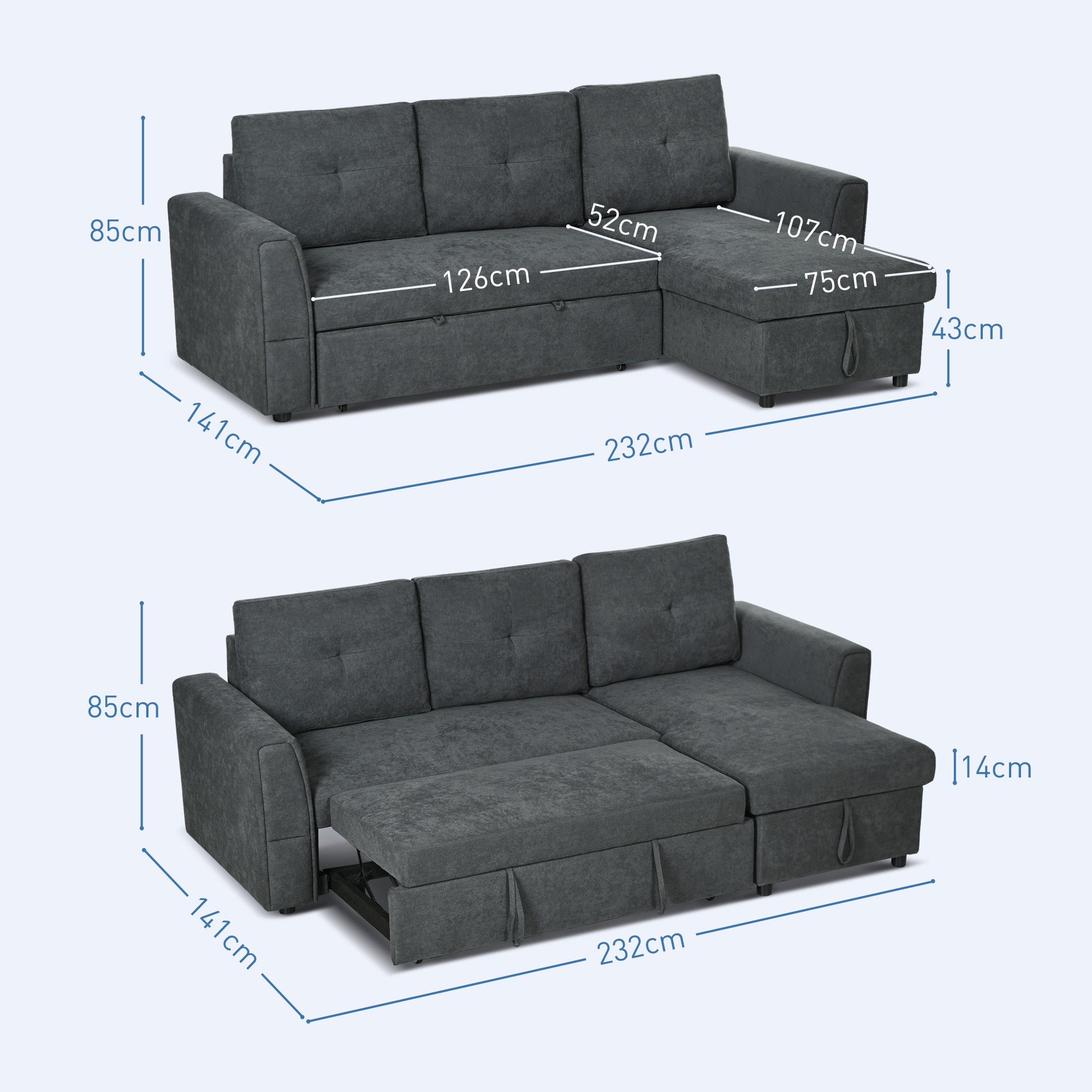 HOMCOM 3 Seater Sofa Bed, L-Shaped Corner Sofa, Pull Out Sofa with Storage, Convertible Click Clack Settee Sectional Sleeper Futon for Living Room, Office, Dark Grey - North Peak Garden Furniture