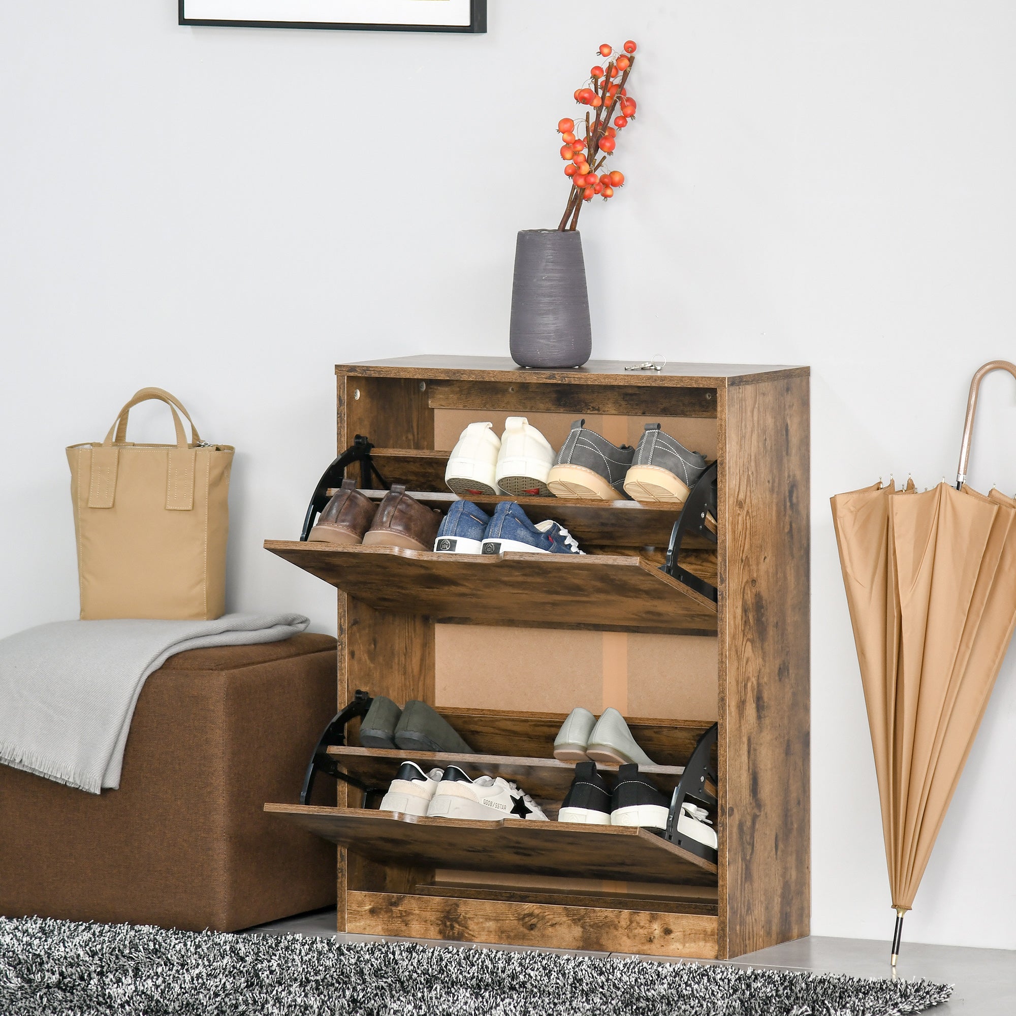 HOMCOM Industrial Shoe Cabinet with 2 Flip Drawers, Narrow Shoe Storage Cabinet for 12 Pairs, Freestanding Slim Shoe Storage Organiser for Entryway, Hallway, Rustic Brown - North Peak Garden Furniture
