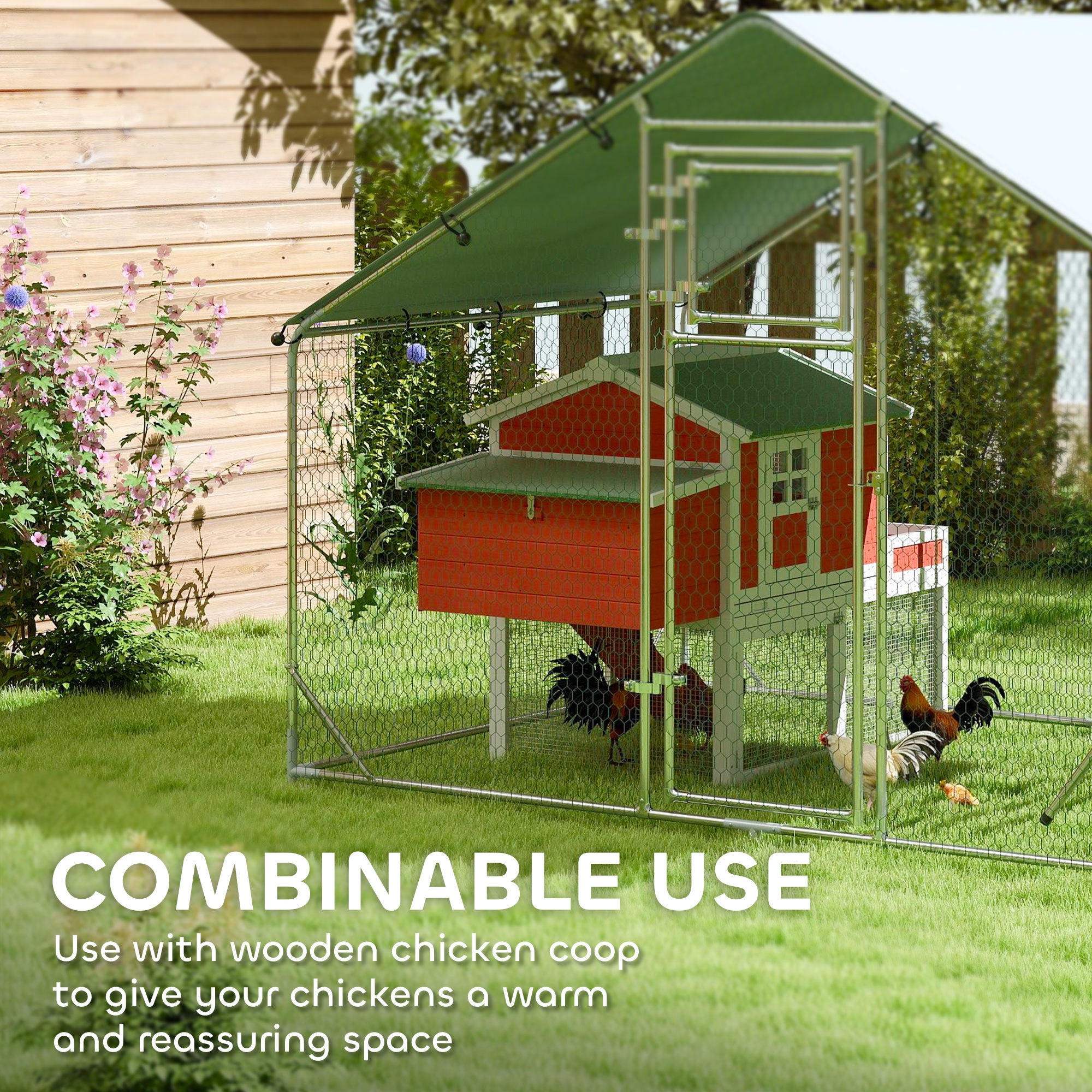 PawHut Walk in Chicken Run w/ Cover, Feeding Door, Hanging Feeder, Perch, for 6-8 Poultry