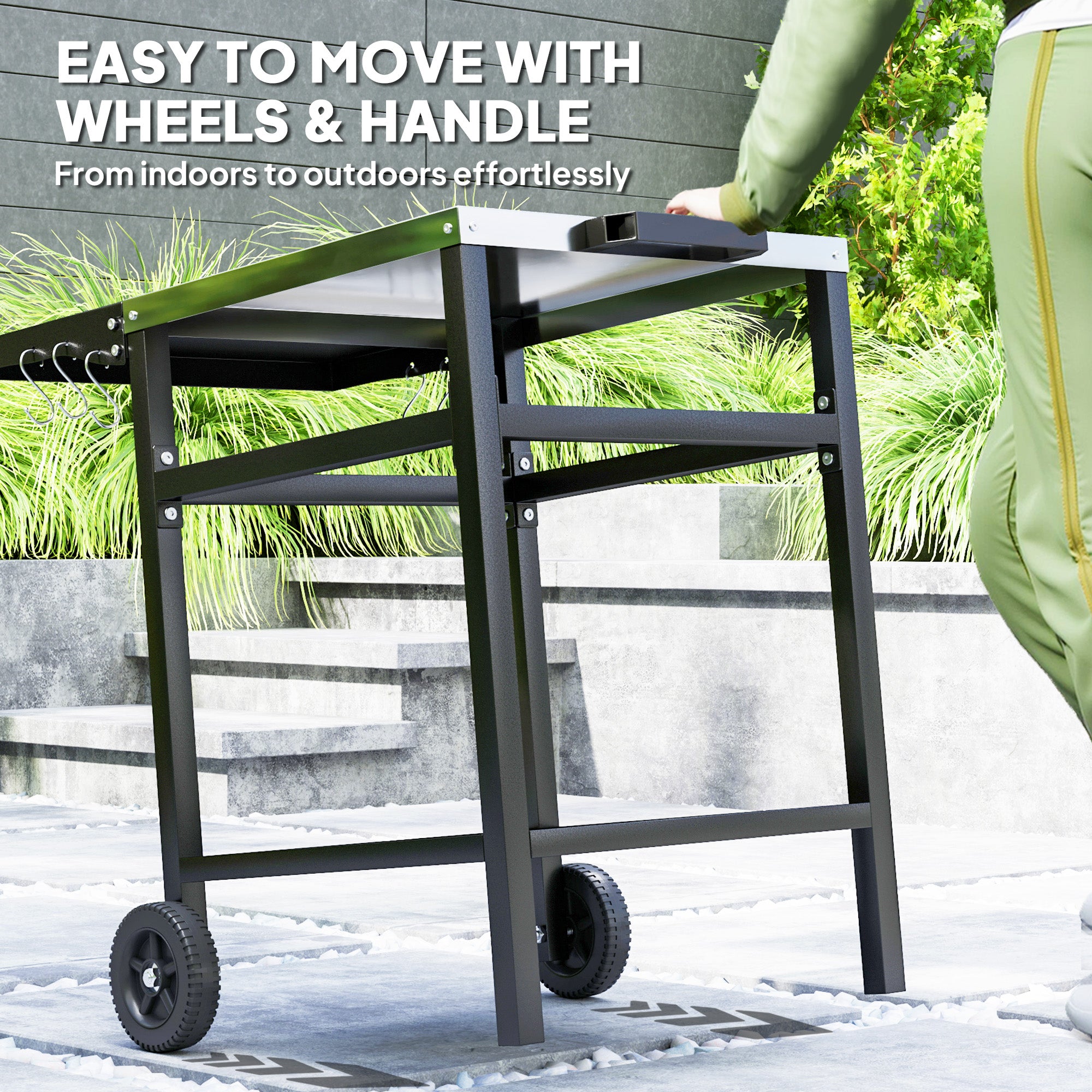 Outsunny BBQ Trolley with Stainless Steel Top and Foldable Side Table, Outdoor Kitchen BBQ Station with Hooks and Shelf, Pizza Oven Table Movable Outdoor Grill Dining Cart with Cover, Black - North Peak Garden Furniture