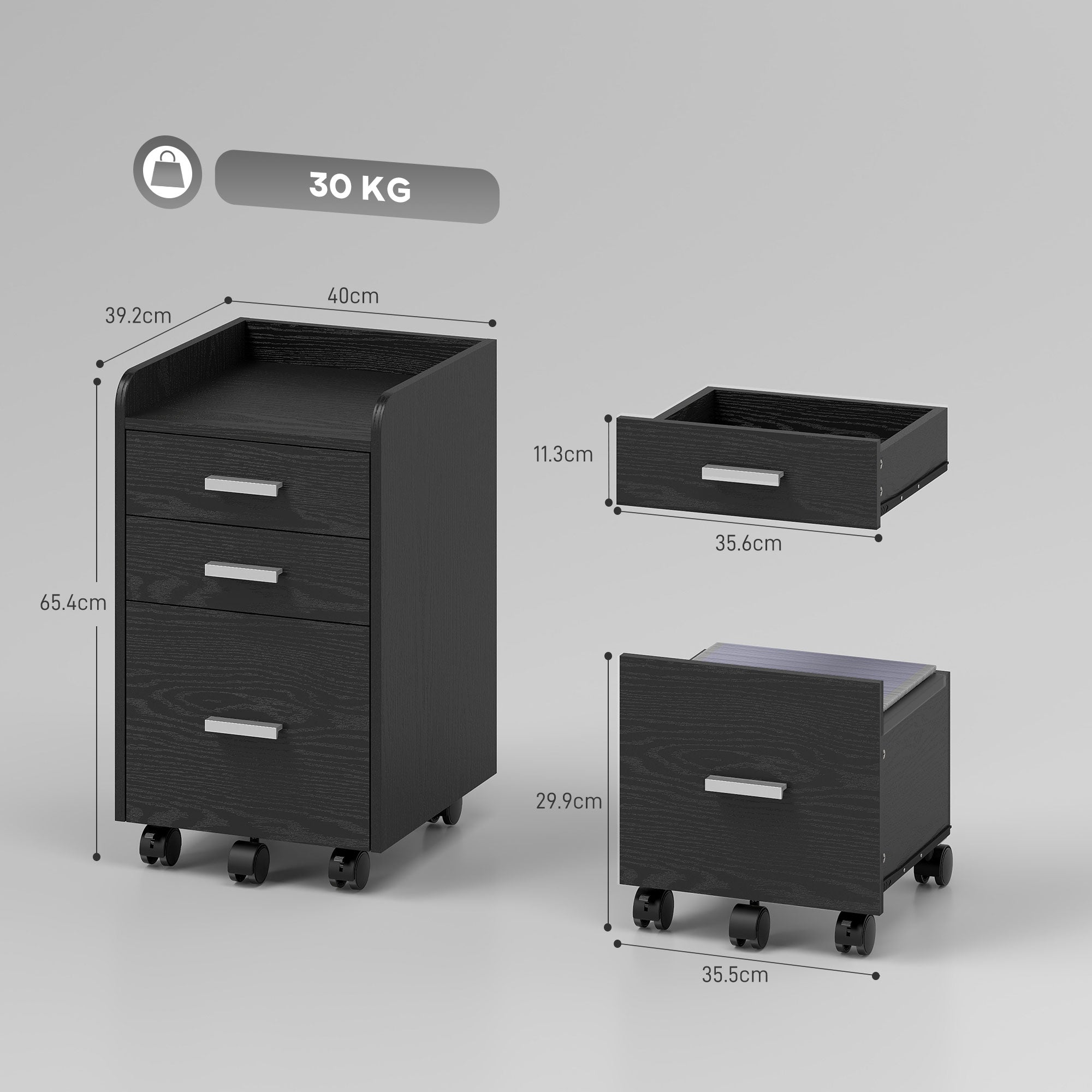 HOMCOM 3 Drawer Filing Cabinet, Rolling File Cabinet with Edged Top for Letter, A4 Size, Hanging File Folders, Black