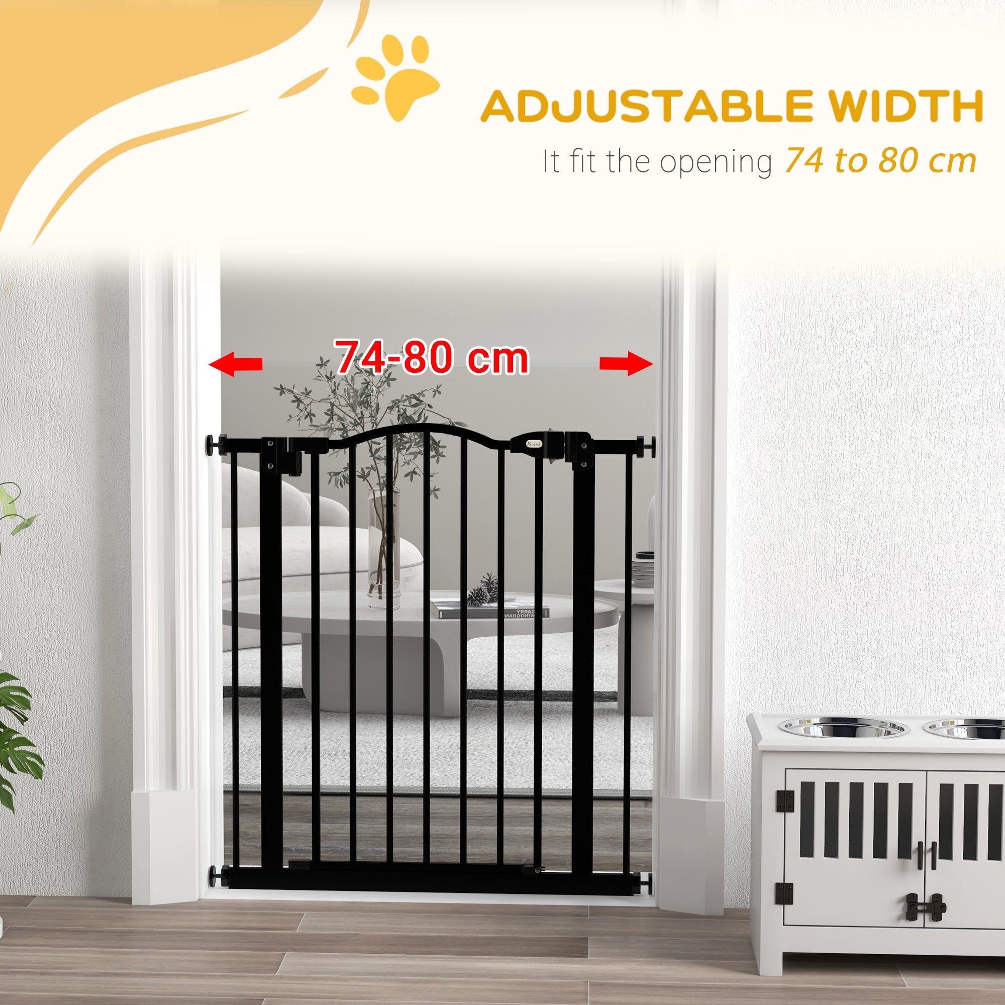 PawHut Metal 74-80cm Adjustable Pet Gate Safety Barrier w/ Auto-Close Door Black - North Peak Garden Furniture