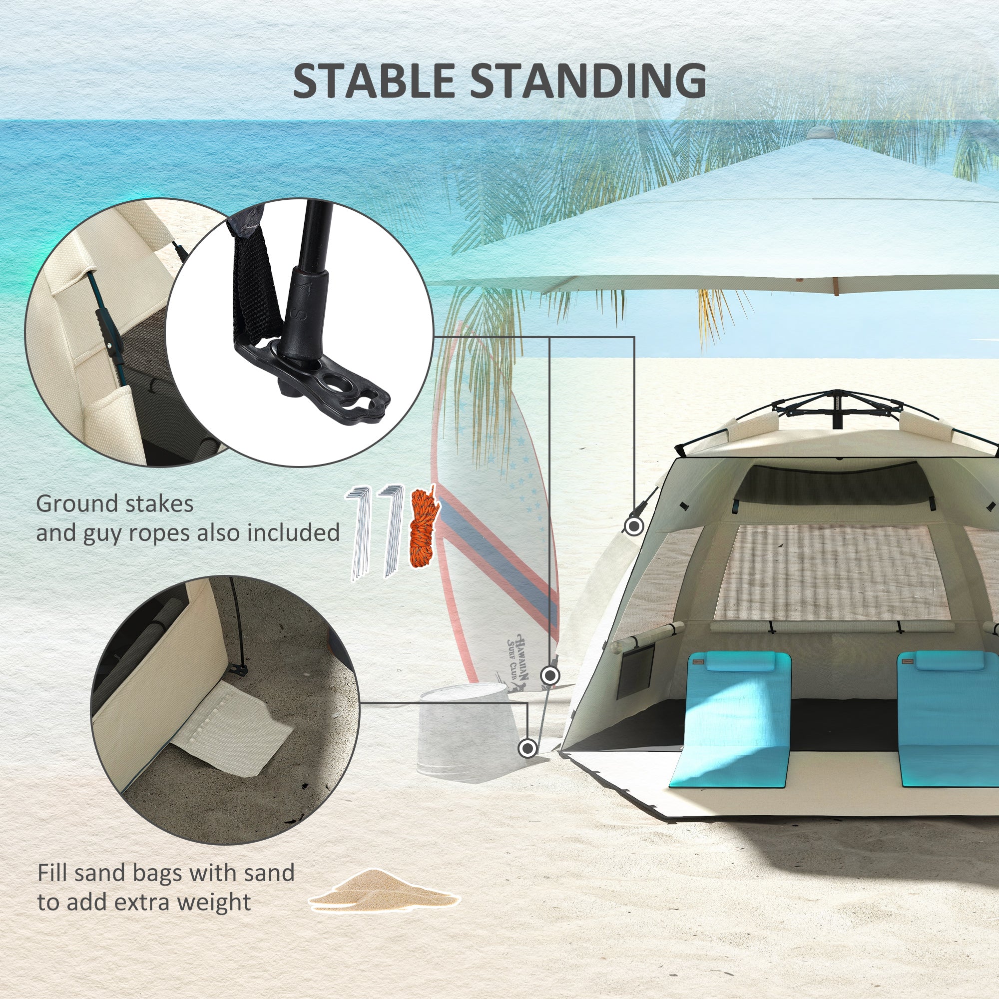 Outsunny 2-3 Person Pop Up Beach Tent, UPF15+ Sun Shelter with Extended Floor, Sandbags, Mesh Windows and Carry Bag, Khaki | Aosom UK