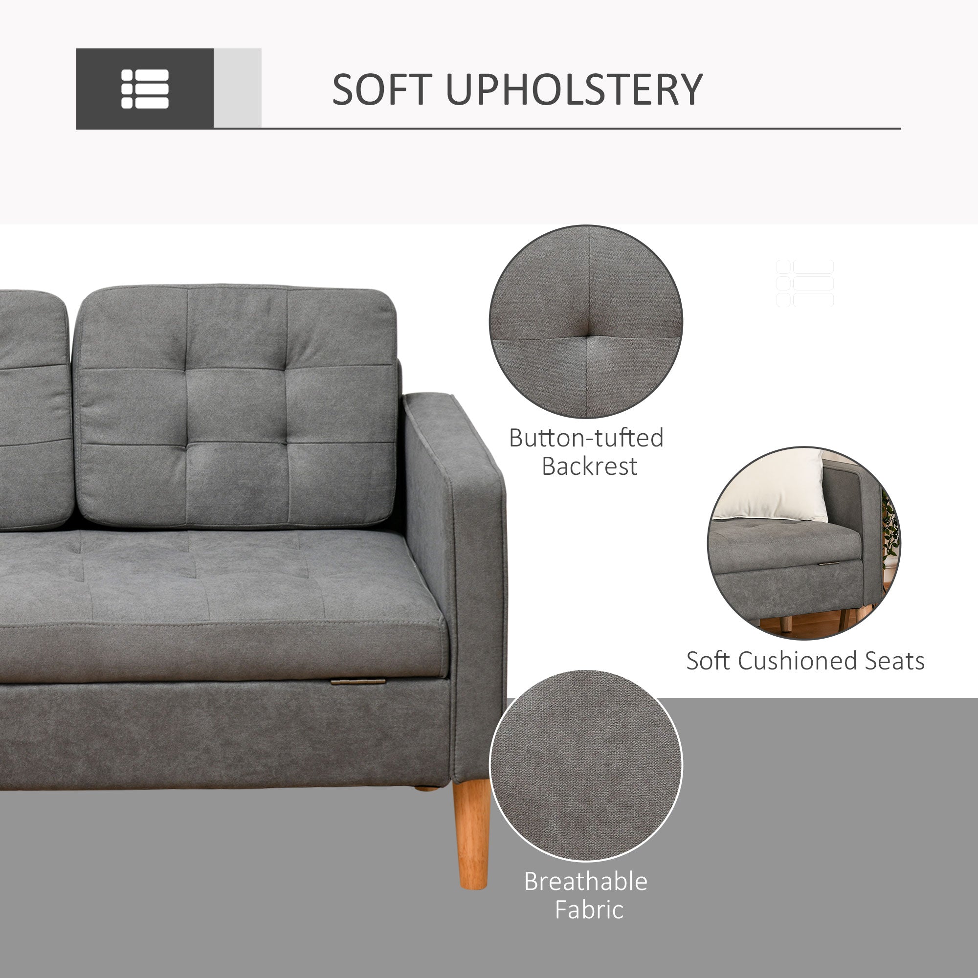 HOMCOM Modern 3 Seater Sofa with Hidden Storage, 169cm Tufted Cotton Couch with Wood Legs, Compact Sofa for Living Room, Grey - North Peak Garden Furniture