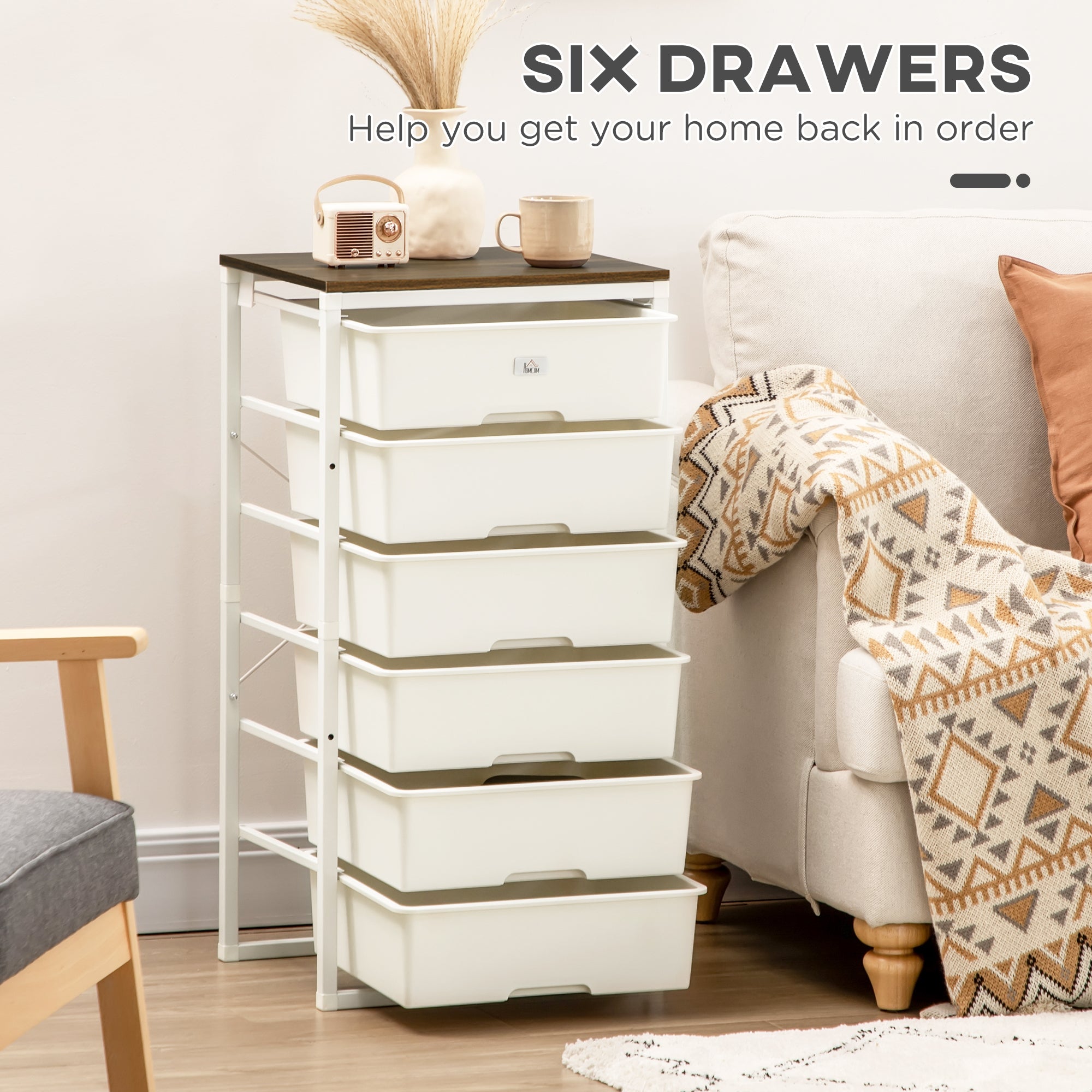 HOMCOM Bedroom Chest of Drawers, 6-Drawer Dresser, Tall Storage Drawer Unit with Steel Frame for Living Room, White - North Peak Garden Furniture