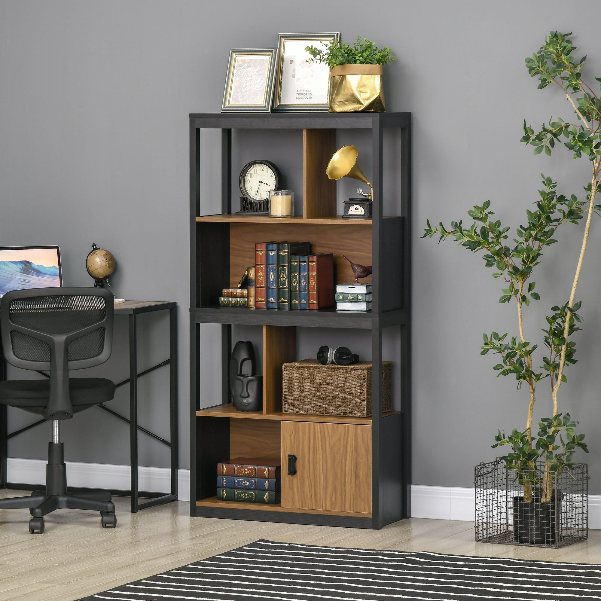 HOMCOM Modern 4-Tier Bookshelf, Freestanding Bookcase with Storage Shelving and Closed Cabinet, for Living Room Home Office Study, Walnut Brown