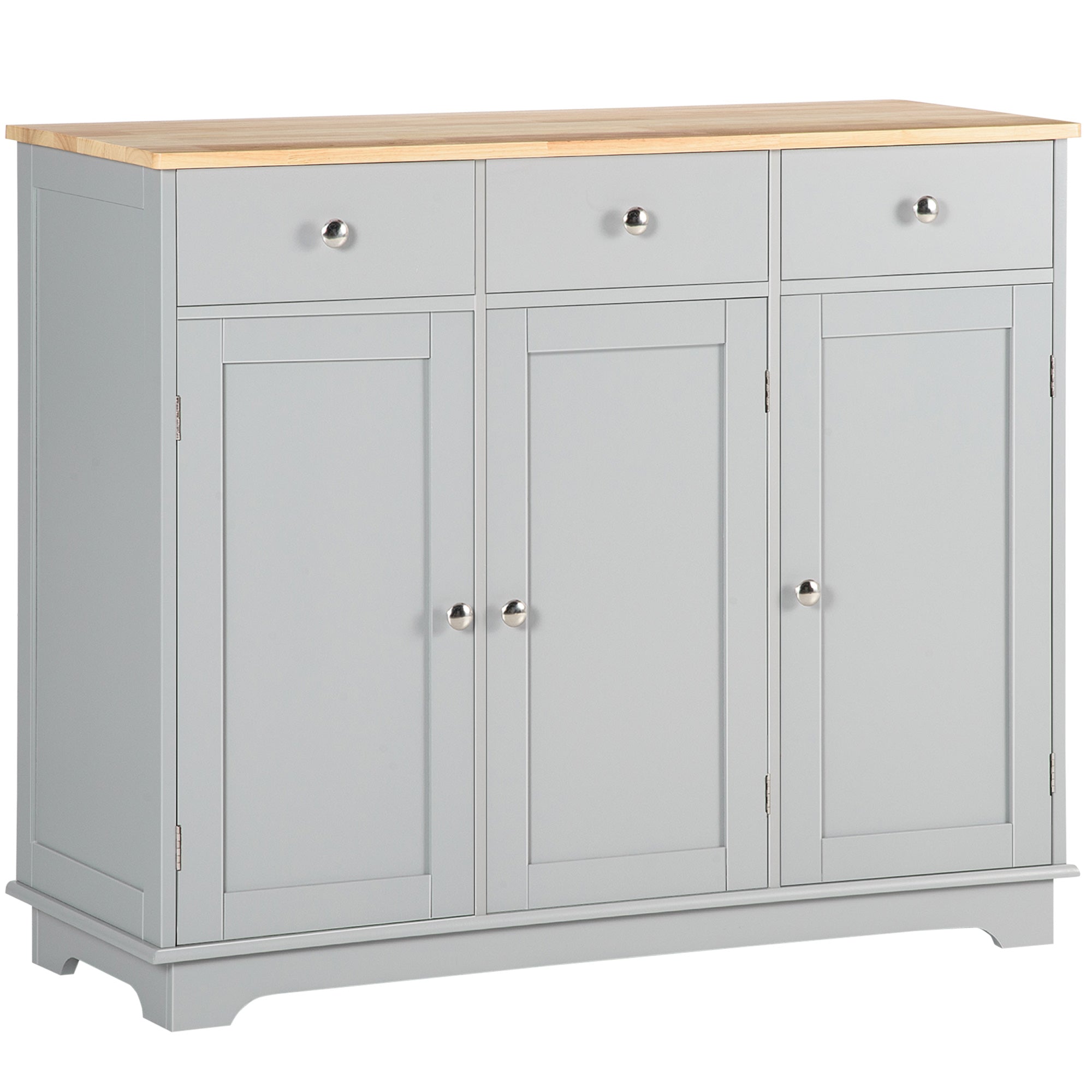 HOMCOM Sideboard with Rubberwood Top and Adjustable Shelves for Dining Room, Kitchen - Grey - North Peak Garden Furniture