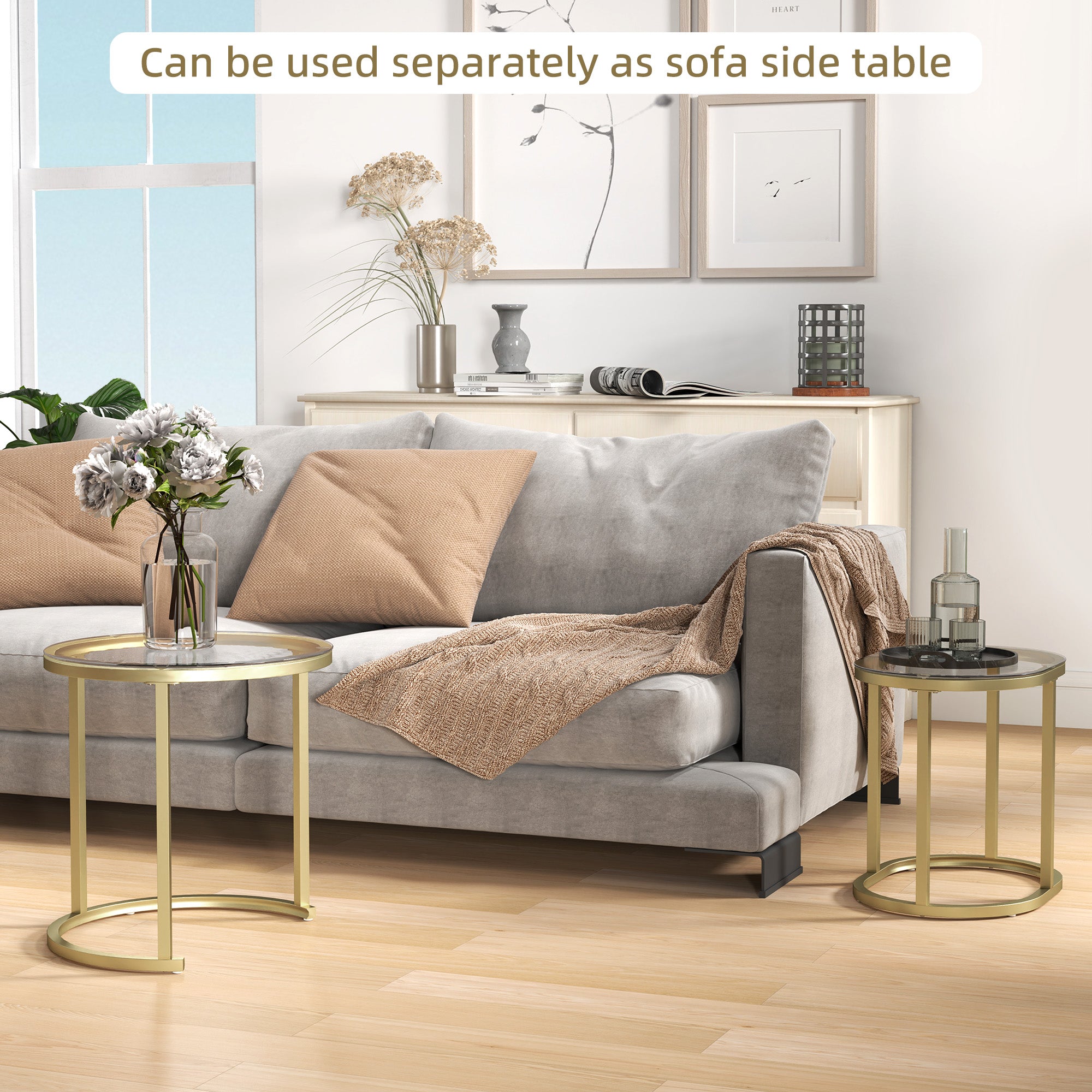 HOMCOM Modern Coffee Table Set of 2, Nest of Tables with Steel Frame and Tempered Glass Tabletop, Side Tables for Living Room Bedroom, Clear - North Peak Garden Furniture