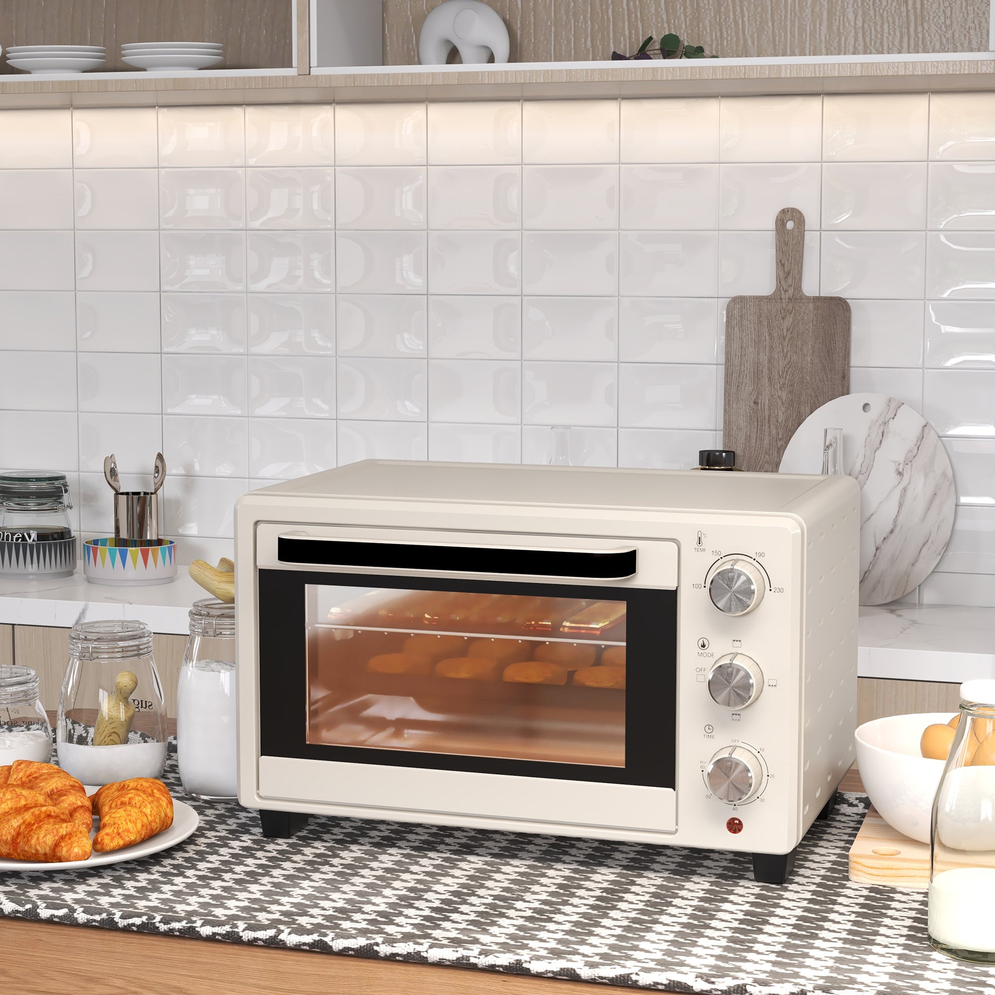 HOMCOM Mini Oven, 21L Countertop Electric Grill, Toaster Oven with Adjustable Temperature, Timer, Baking Tray and Wire Rack, 1400W, Cream