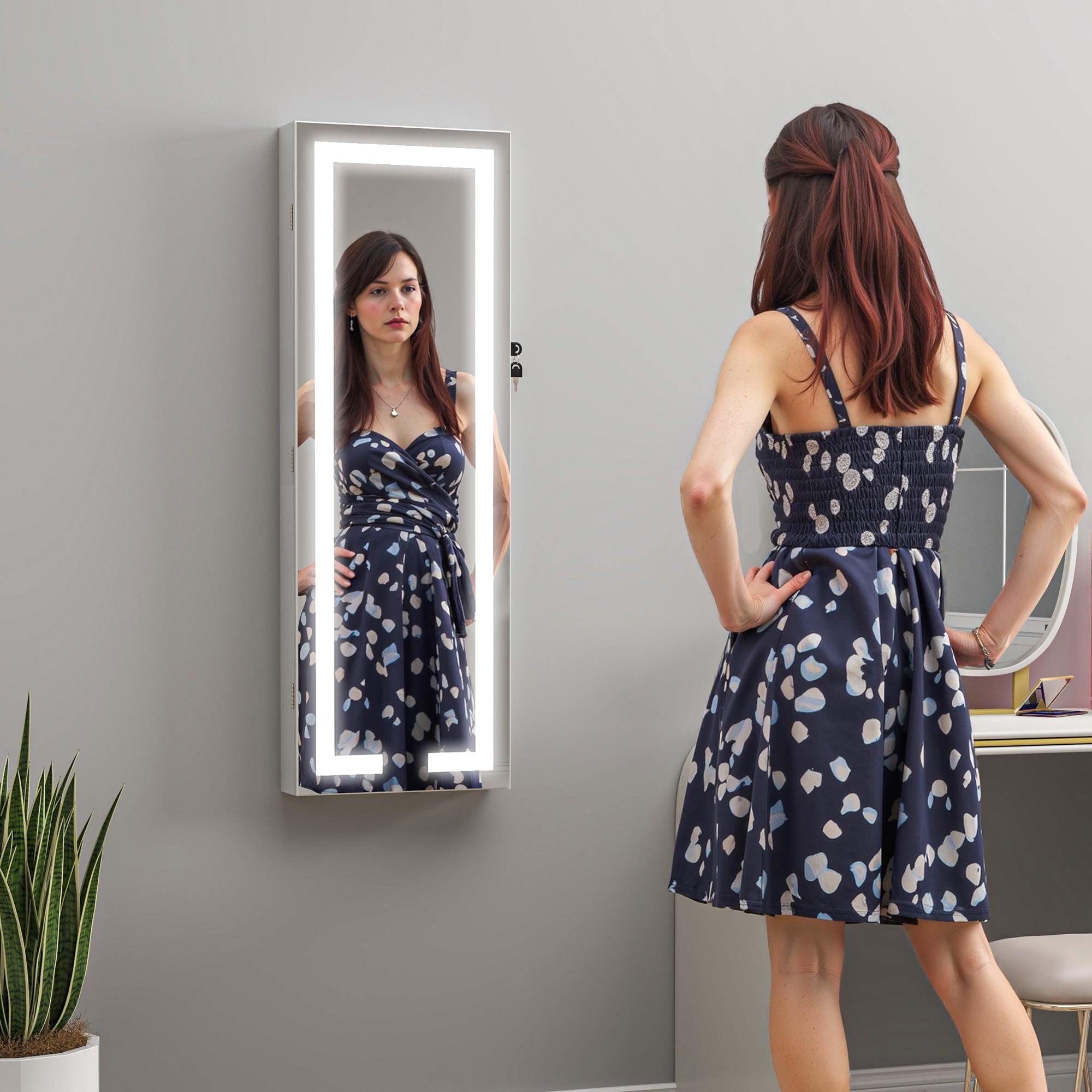 HOMCOM LED Mirror Jewellery Cabinet, Wall Mounted Full Length Mirror with Storage, Lockable Jewellery Organiser, White