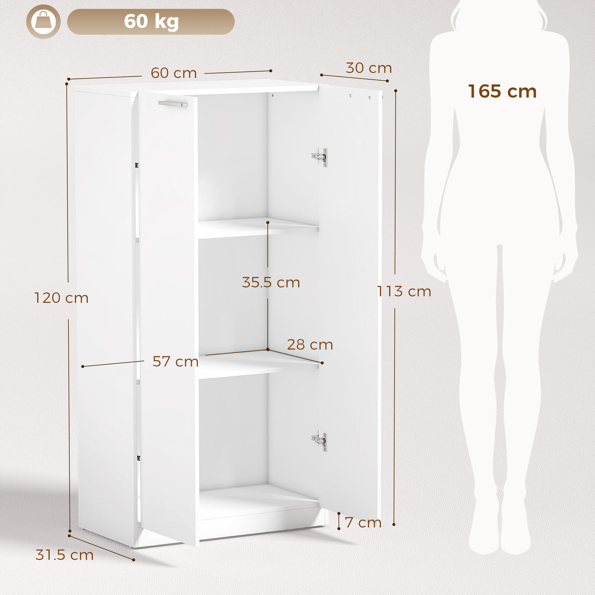 HOMCOM 120 cm Tall Storage Cabinet Cupboard, 3-Tier File Organiser Wooden Filing Cabinet, White