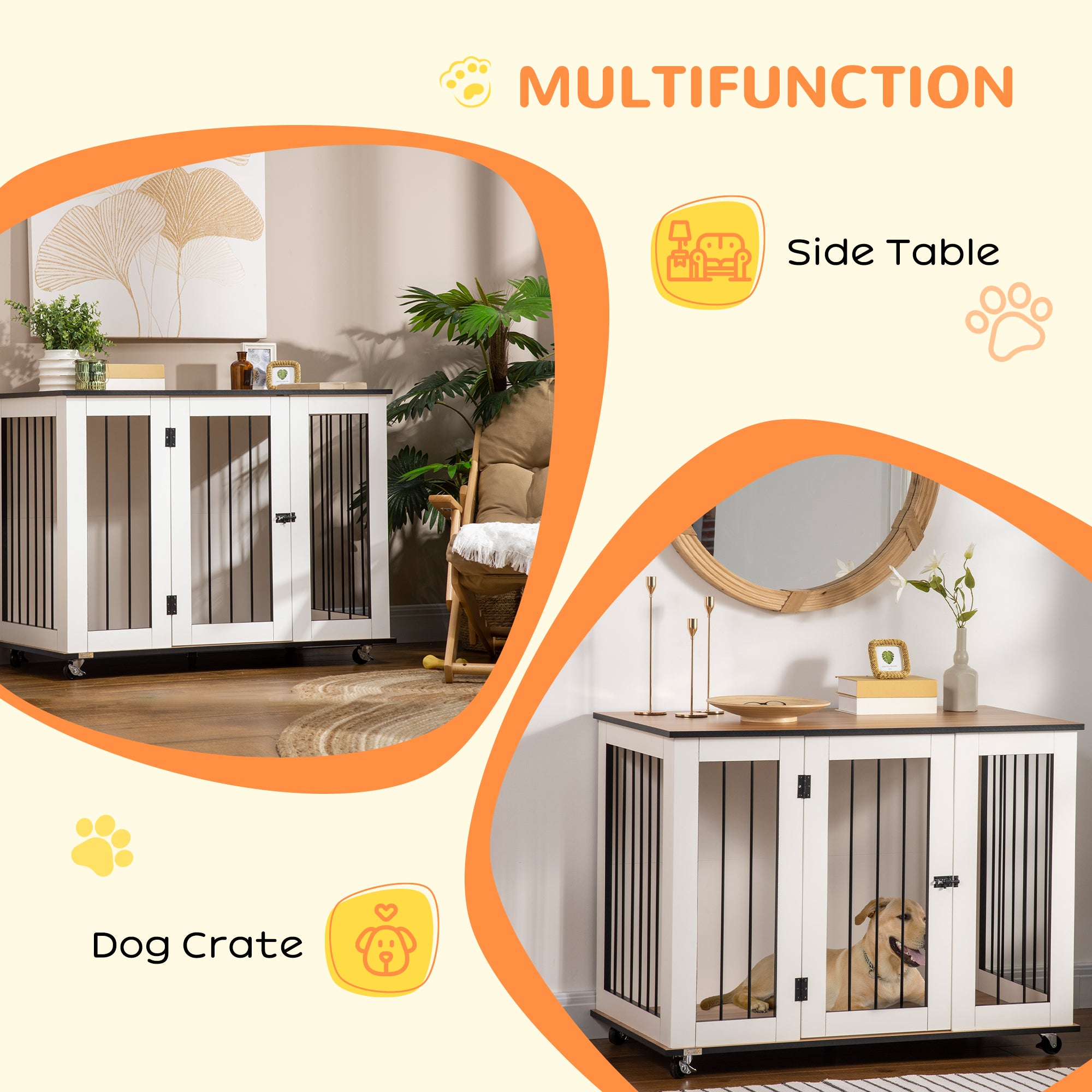 PawHut Dog Crate Furniture, Dog Cage End Table with Wheels, Lockable Door, for Medium Dogs, 106 x 60 x 82 cm - White - North Peak Garden Furniture