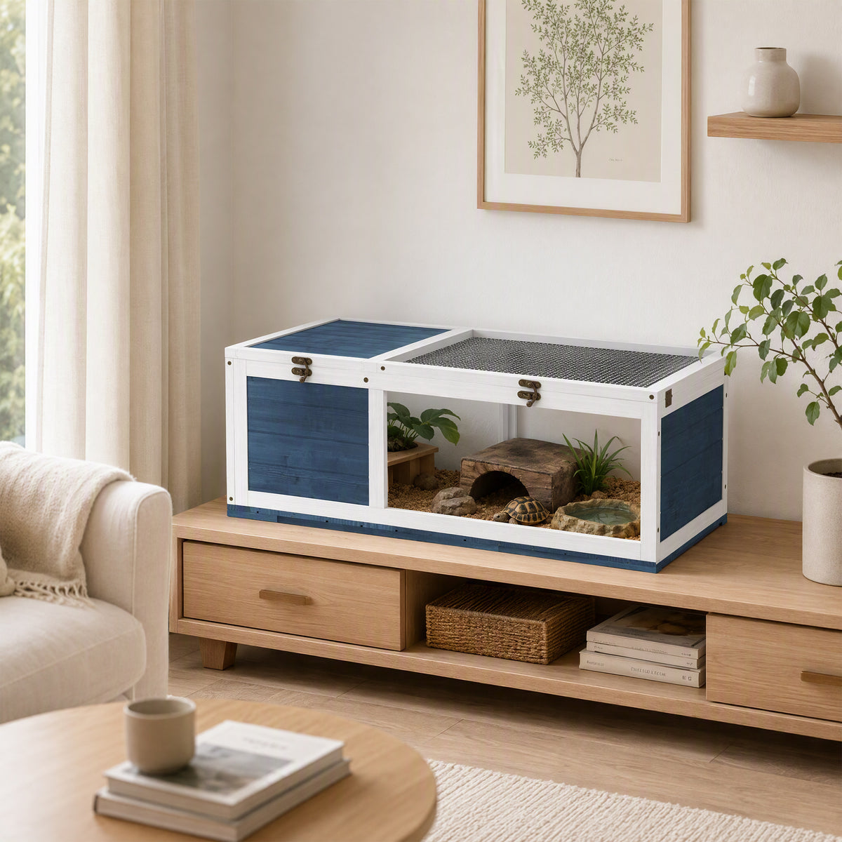 PawHut Tortoise House, Small Reptile Wooden House, with Mesh Roofs, Side Panels, for Turtles, Lizards, Geckos and Snakes