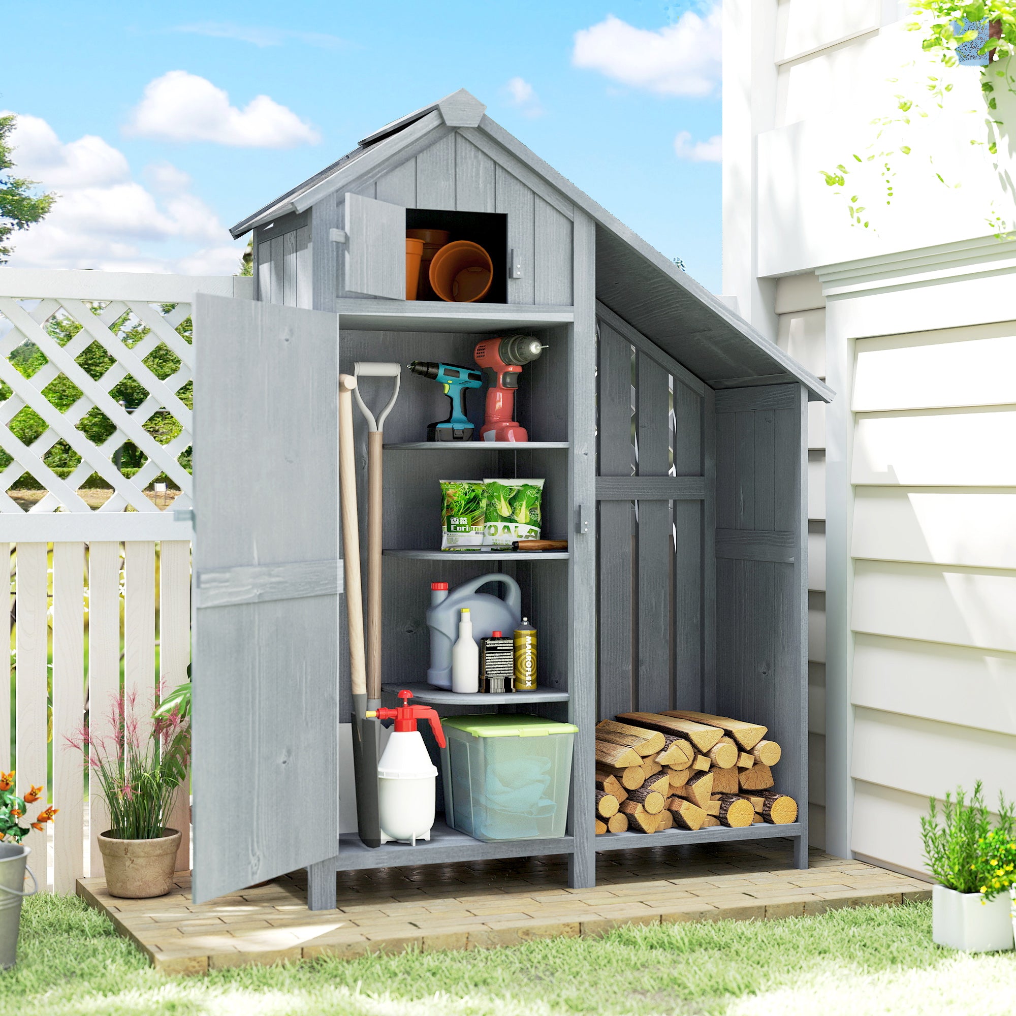 Outsunny Garden Outdoor Storage Shed 3 Shelves Tilt Roof w/ Firewood Rack Log Carrier, 129L x 51.5W x 180H cm