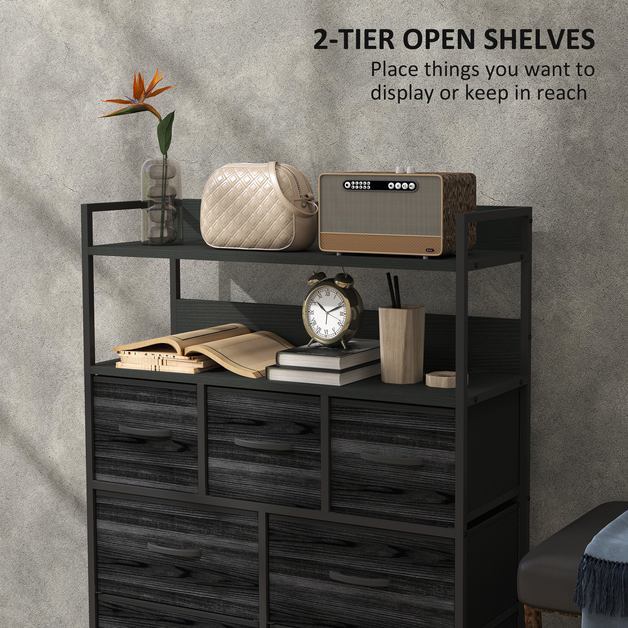 HOMCOM Rustic Chest of Seven Fabric Drawers - Black - North Peak Garden Furniture