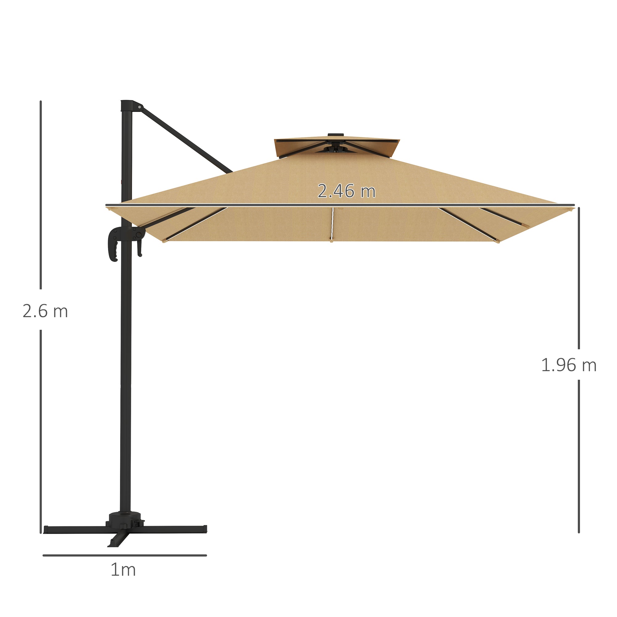 Outsunny 2.5m Cantilever Parasol with Solar Powered LED Lights, 360° Rotation, Tilt Adjustment, Crank Handle, Khaki - North Peak Garden Furniture